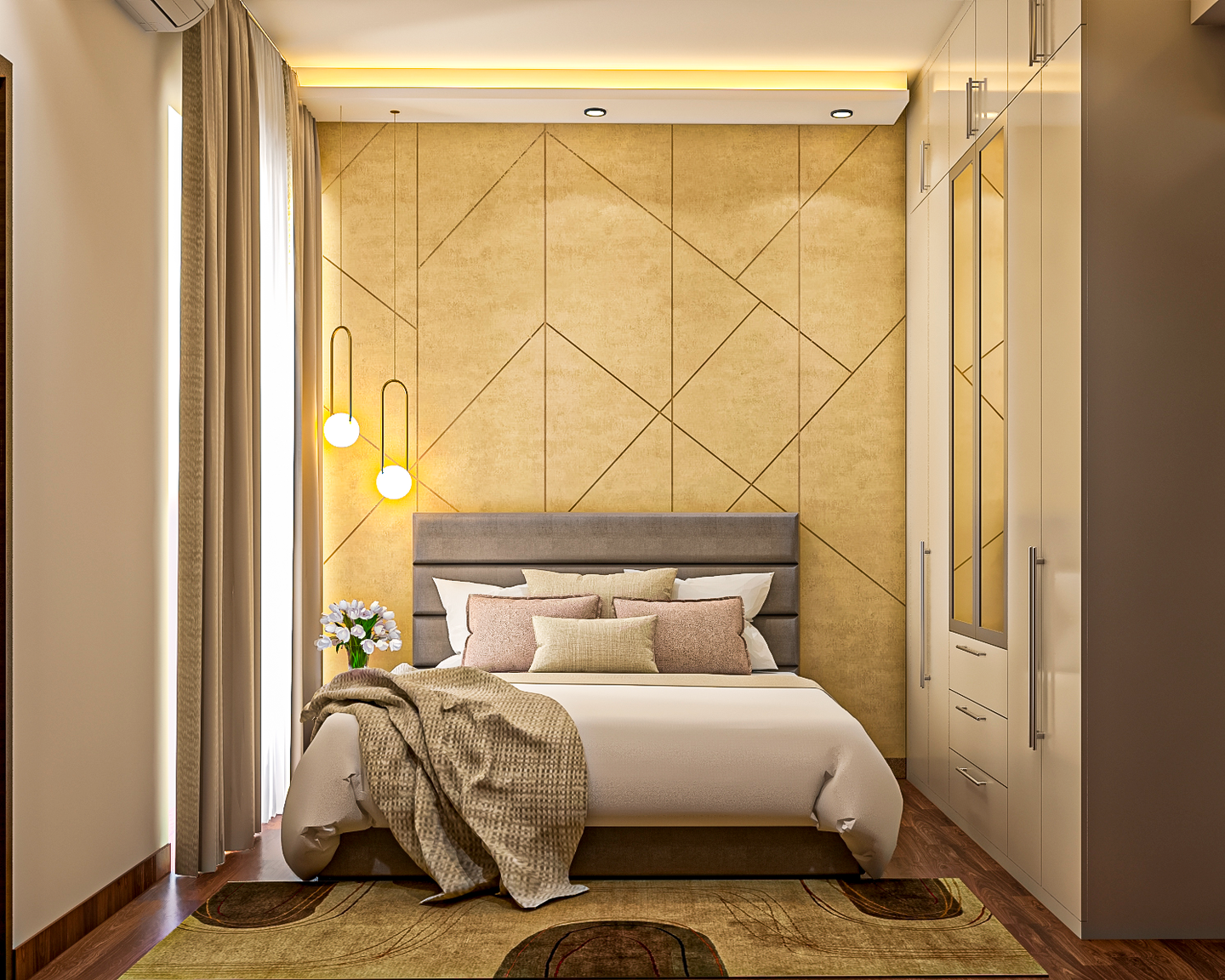 Mustard Yellow Contemporary Compact Master Bedroom Interior Design - Livspace