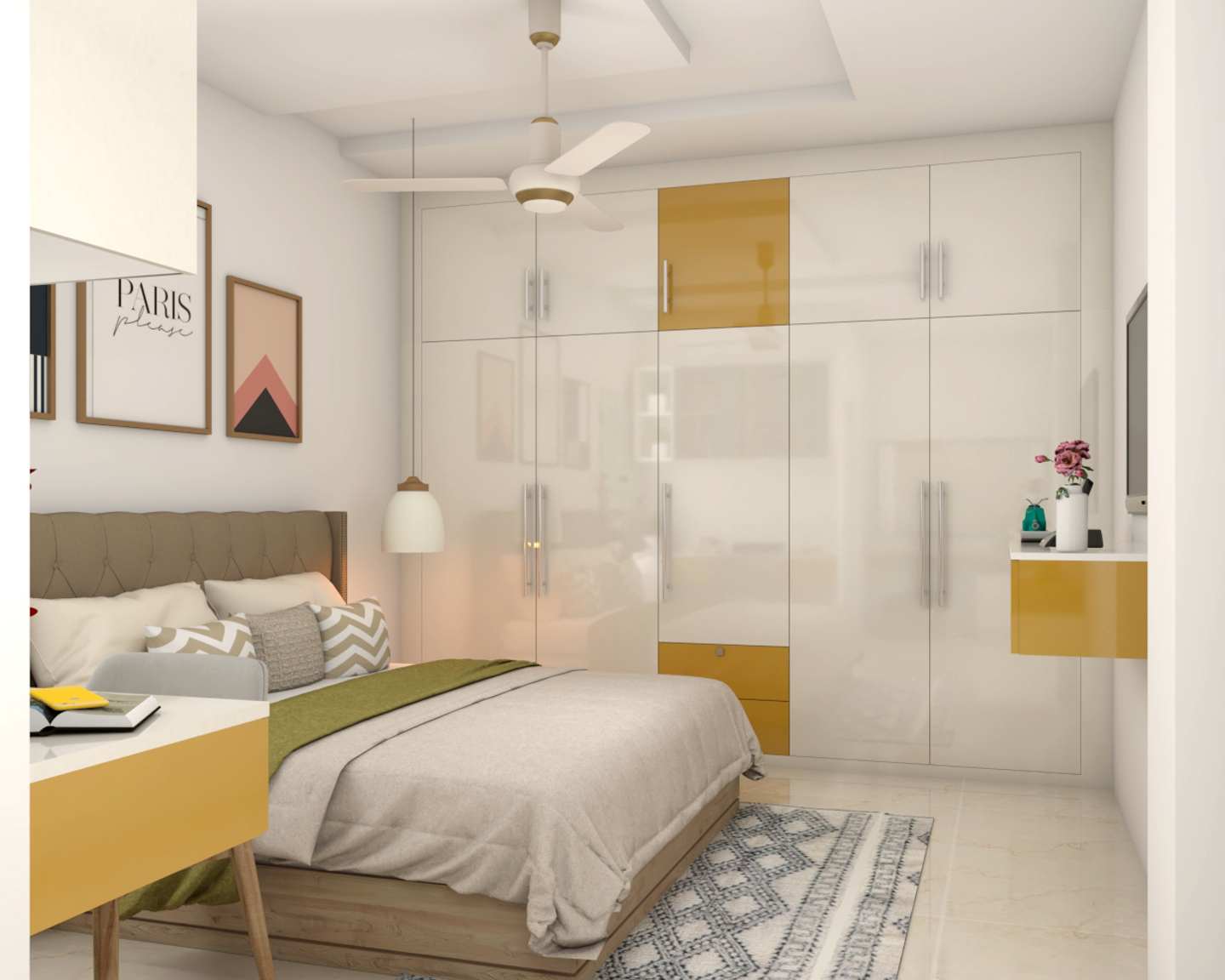 Contemporary Spacious Master Bedroom Interior Design with Glossy Wardrobe - Livspace