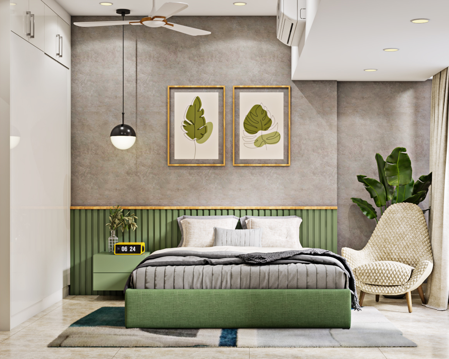Contemporary Sage Green Bedroom - Livspace