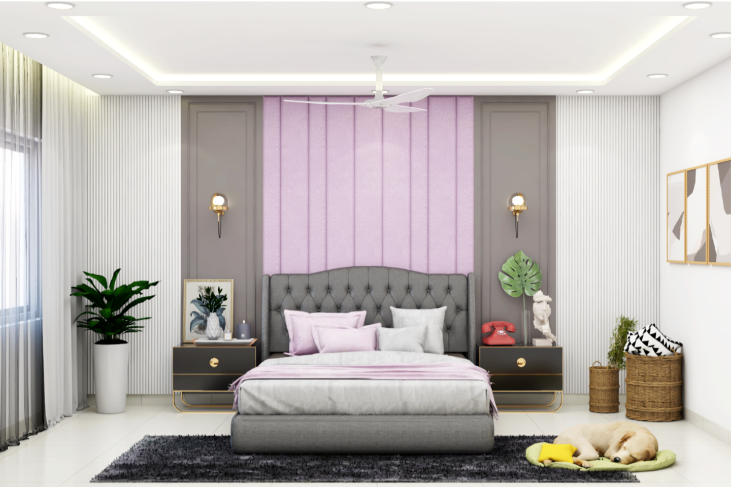 Bedroom with Pink Accent Wall - Livspace