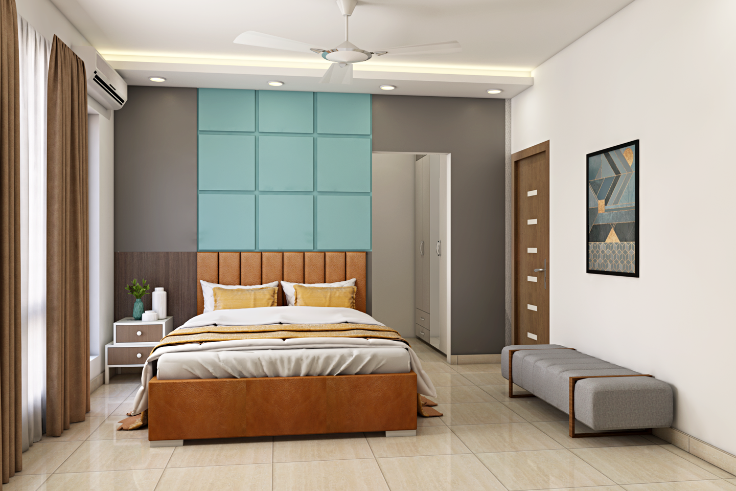 Modern Bedroom with Sky Blue Panel - Livspace