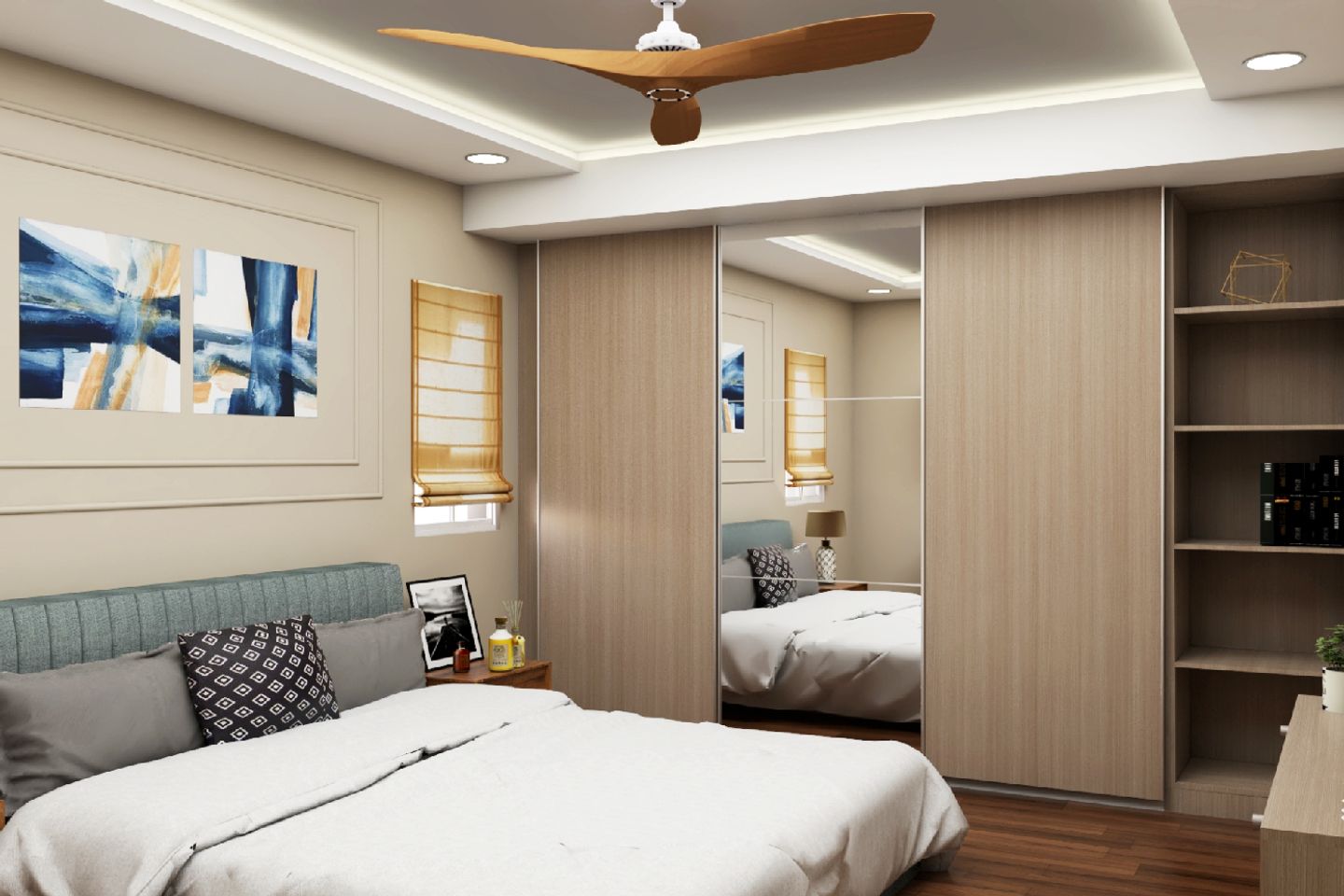 Spacious Beige Master Bedroom Design With Grey Bed | Livspace