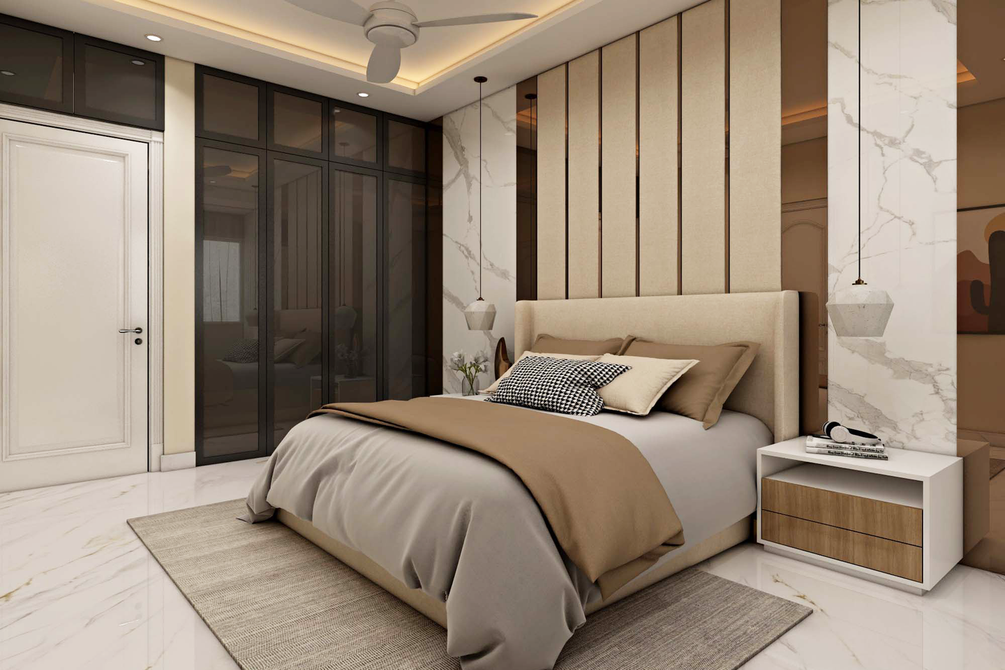 Spacious Brown And Biege Master Bedroom Design With Panelling | Livspace