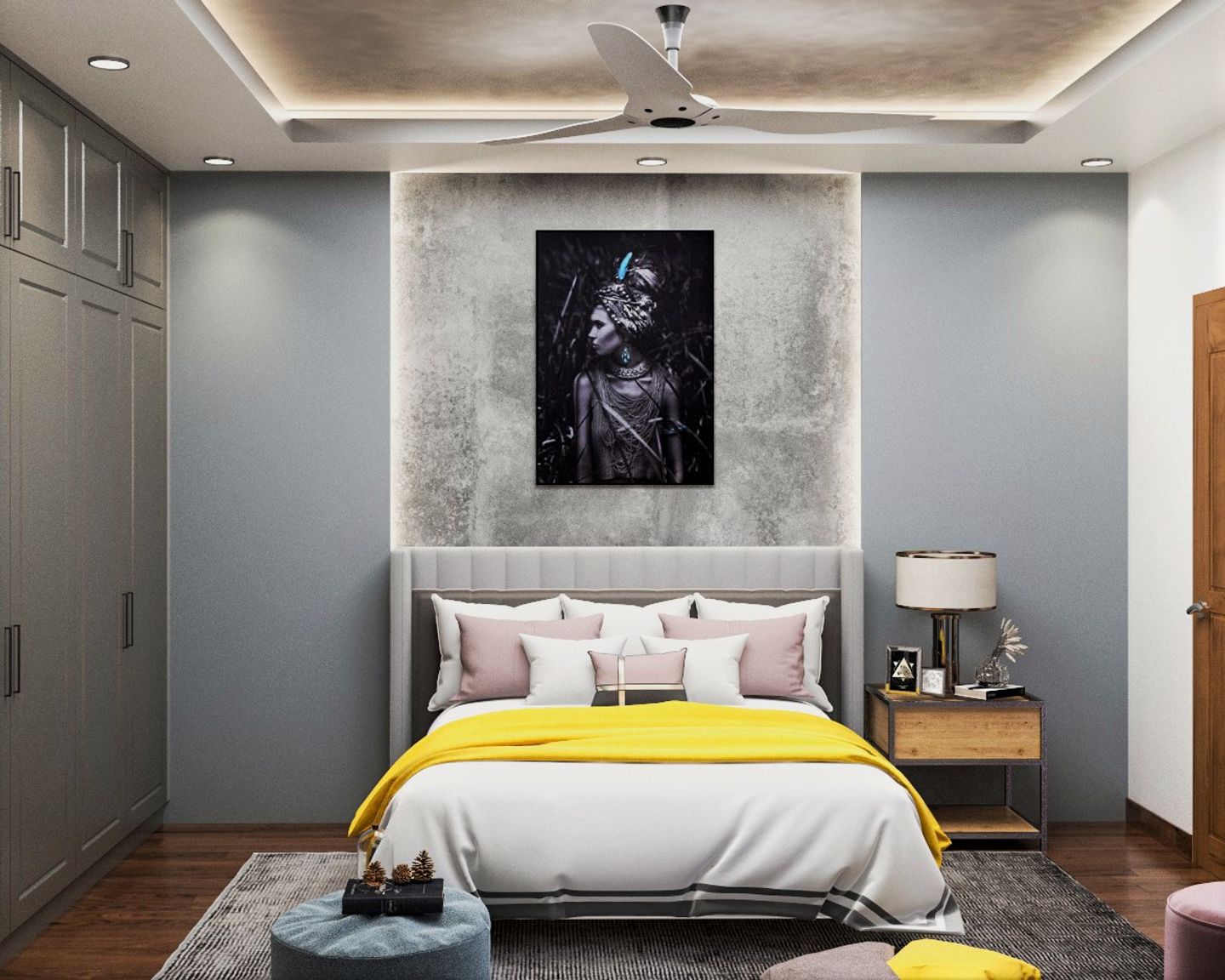 Grey And Yellow Master Bedroom - Livspace