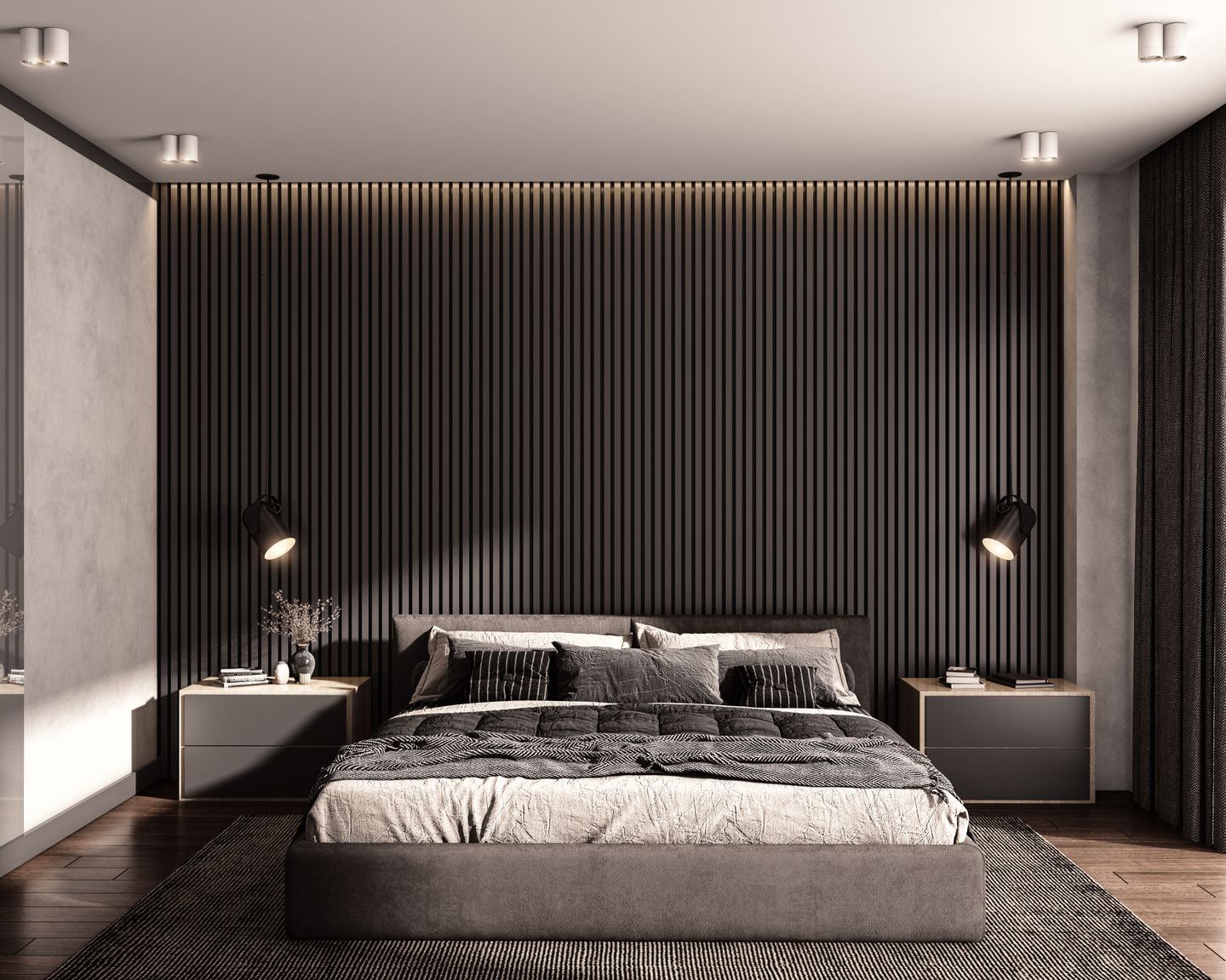 Black Striped Spacious Master Bedroom Design with Wooden Panelling ...