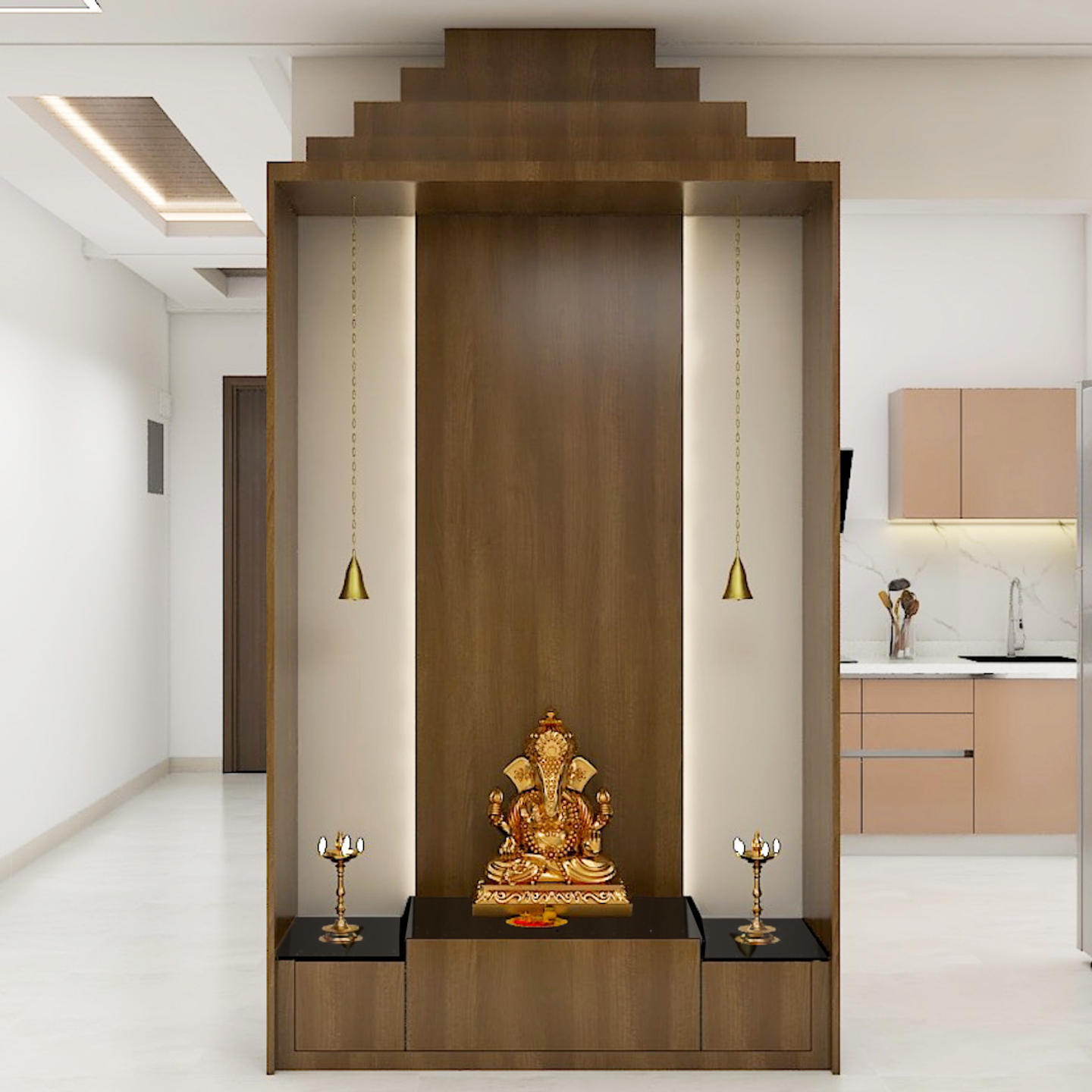 Wooden Textured Modern Spacious Mandir Design for Home | Livspace