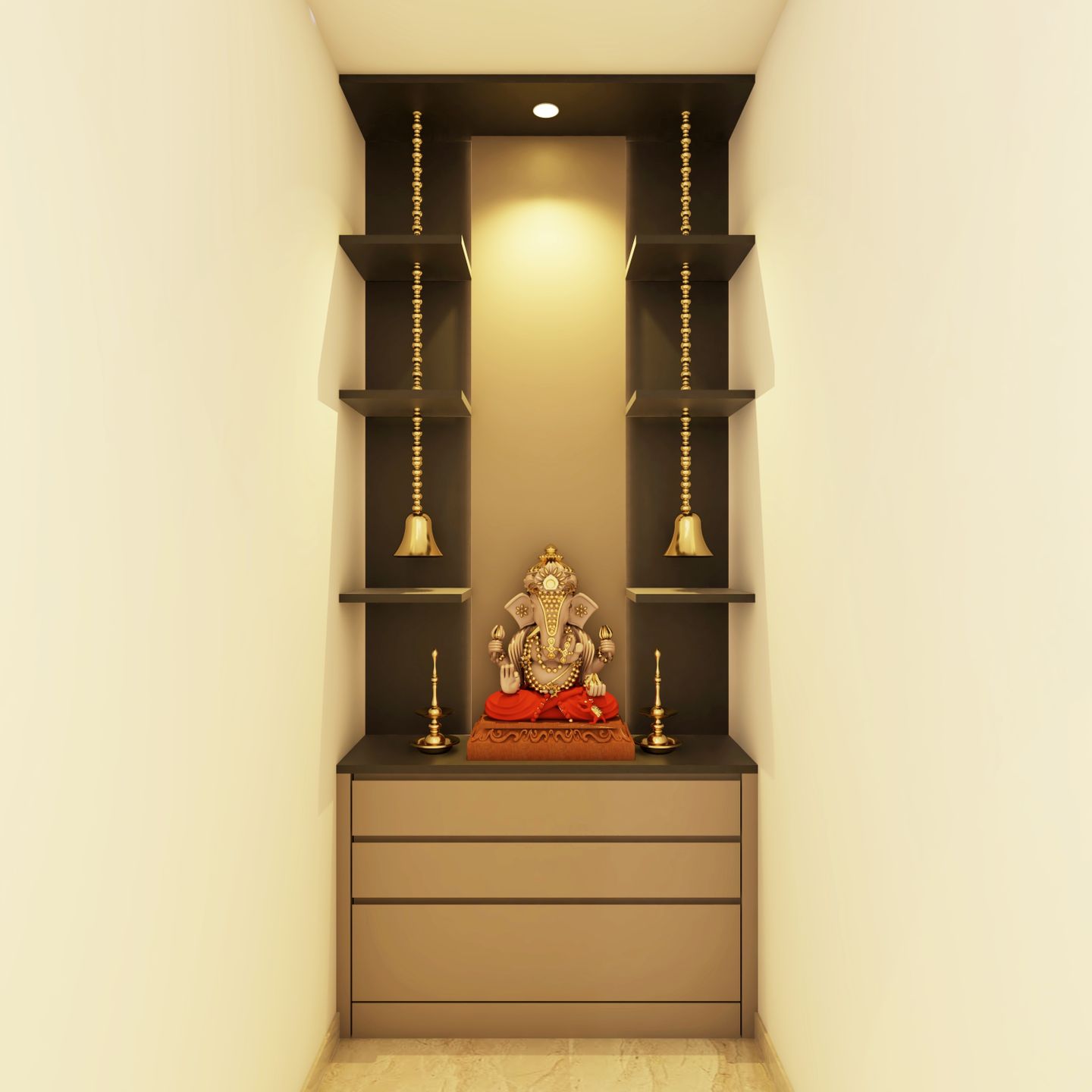 Beige Modern Spacious Pooja Room Design with Hanging Bells - Livspace