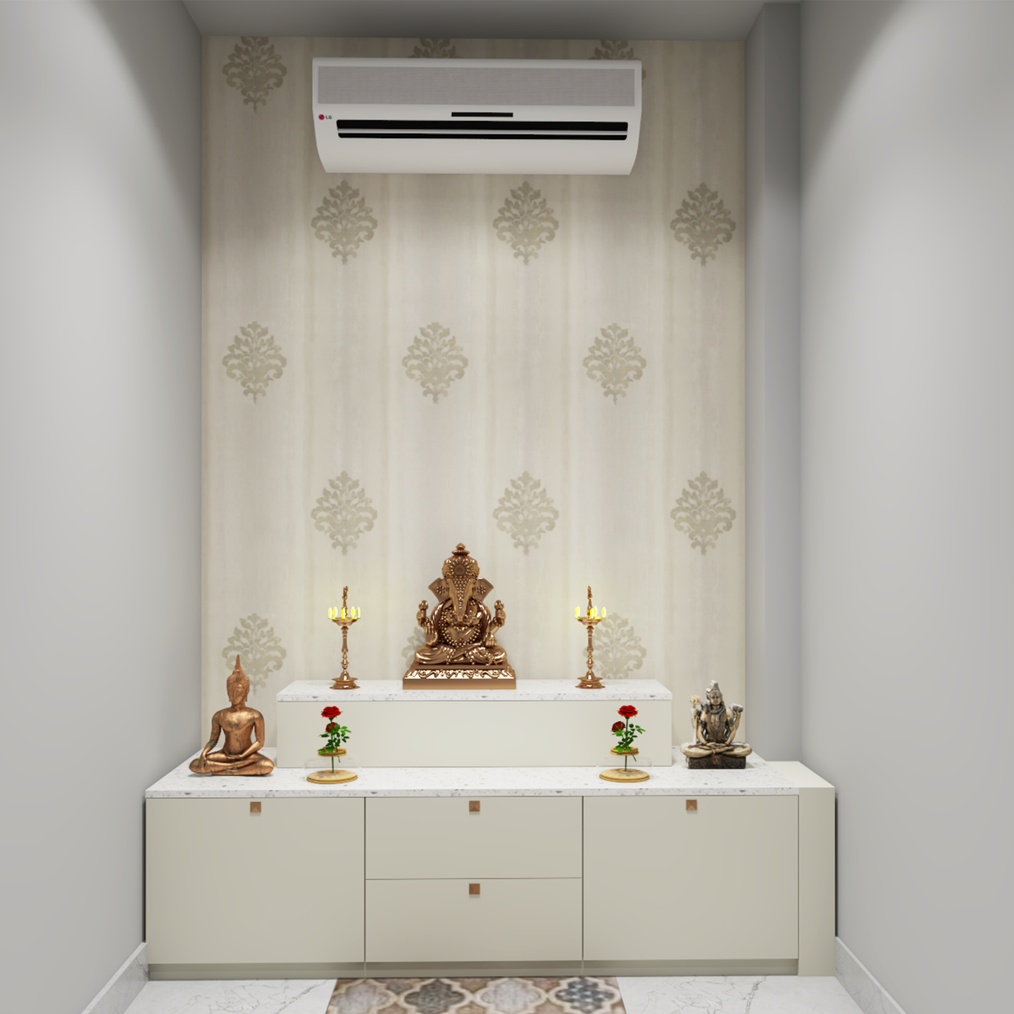 Step Style Modern Spacious Pooja Room Design with Patterned Wall - Livspace