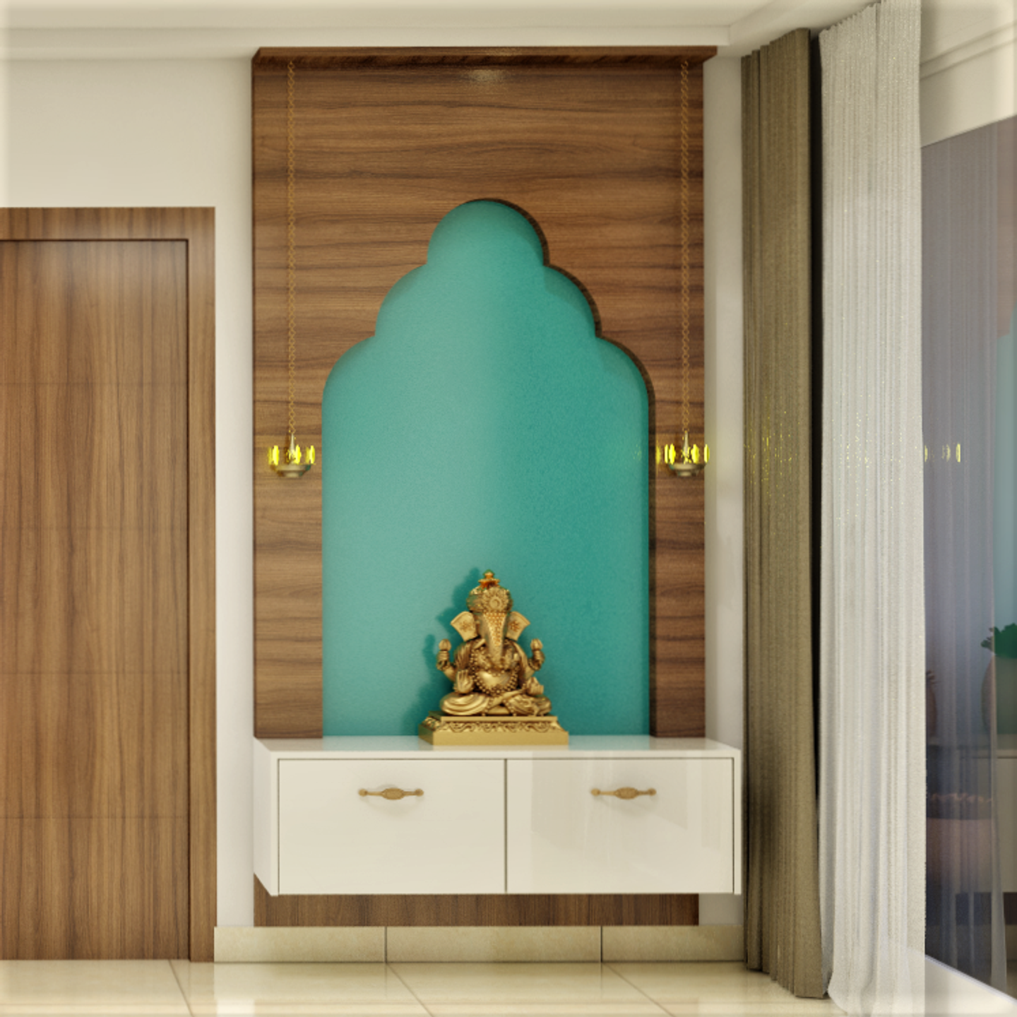 Wood and Cyan Modern Compact Pooja Room Design - Livspace
