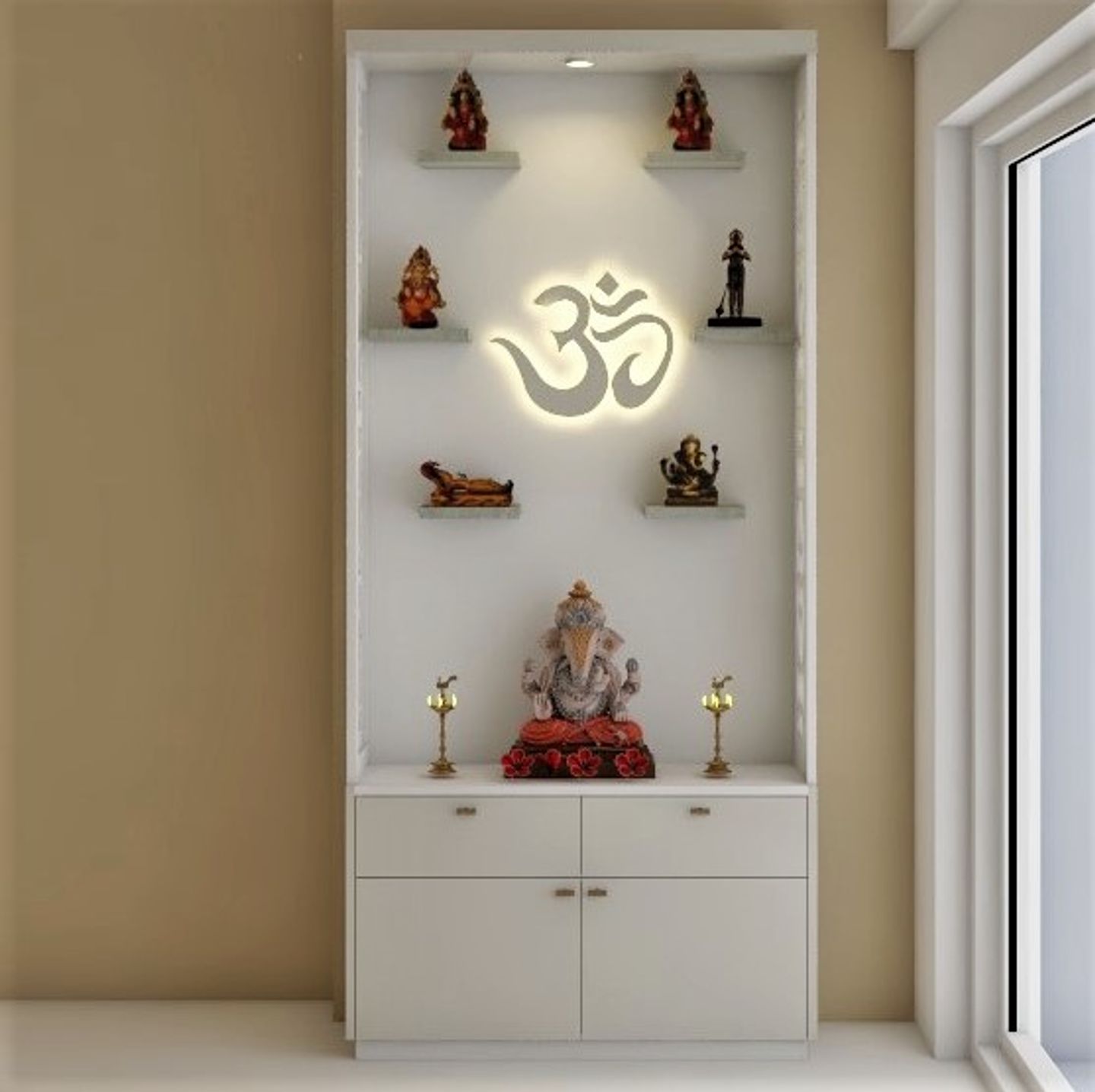 Backlighting Modern Compact Pooja Room Design with Storage - Livspace