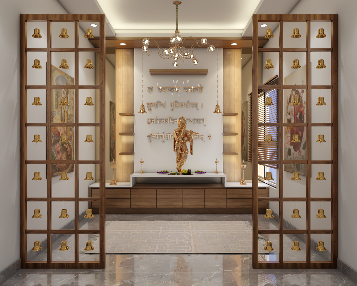 Modern Pooja Room with Golden Bells - Livspace
