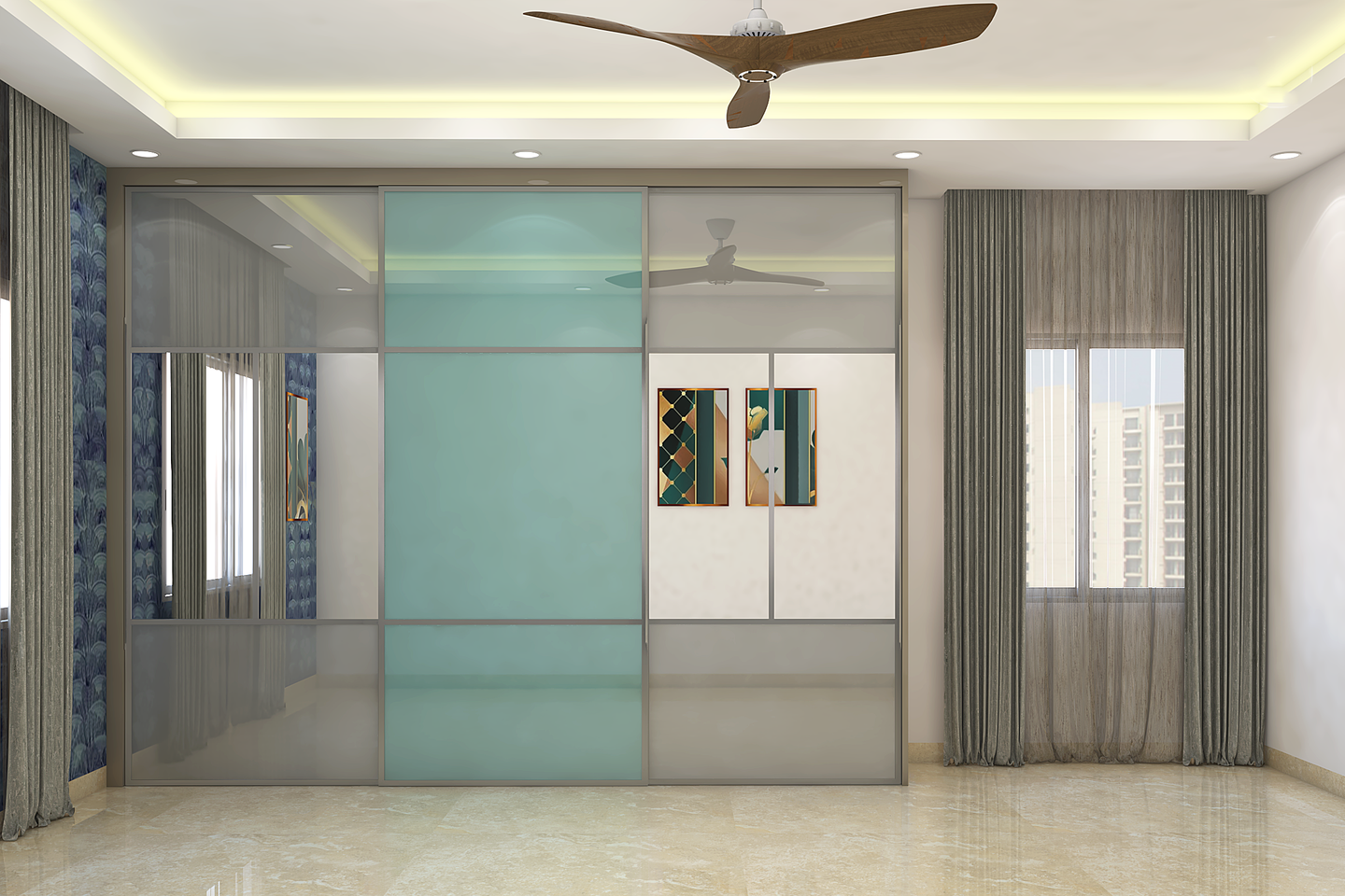 Floor to Ceiling Straight Sliding Door Wardrobe Design with Mirrors - Livspace