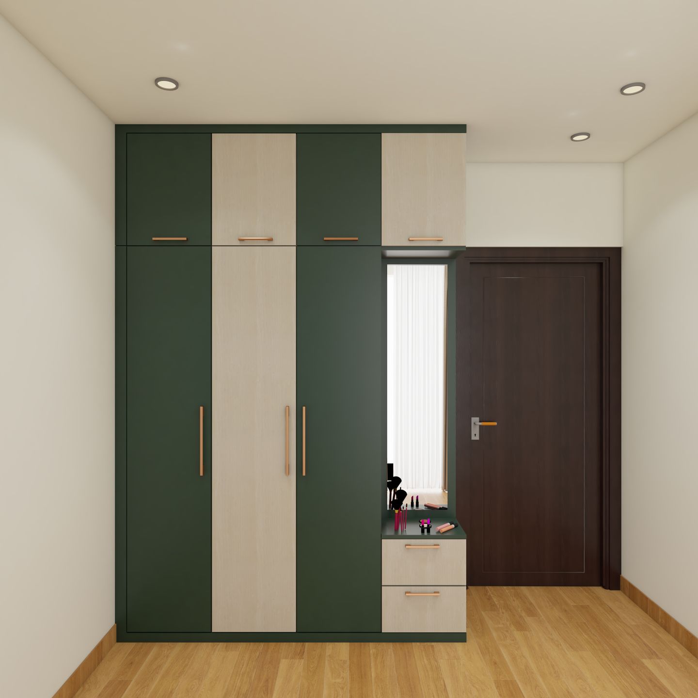 Green Straight Hinged Modern Wardrobe Design with Loft and Dresser - Livspace