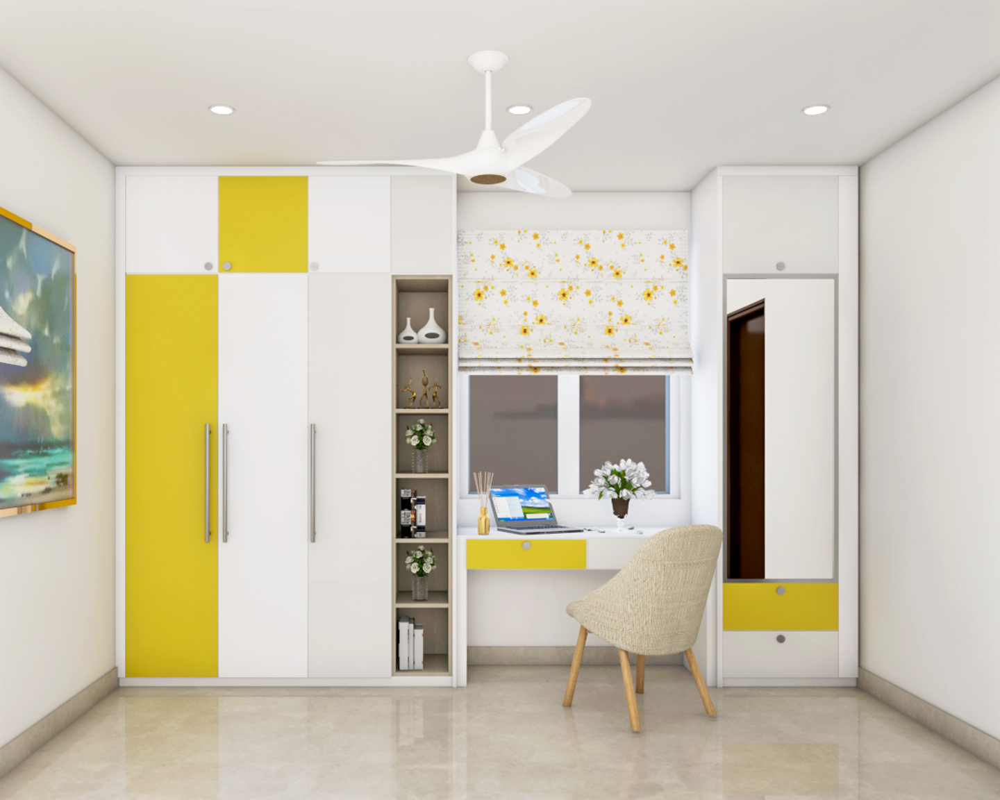 Modern Spacious Wardrobe Design With Yellow-White Laminates - Livspace