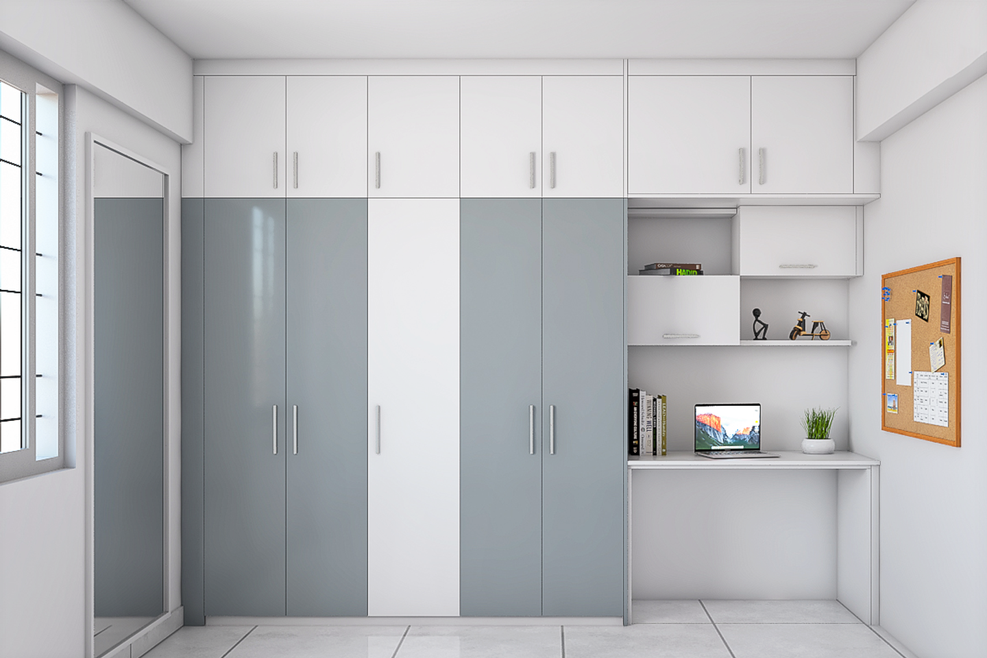 Grey and White Hinged Modern Wardrobe Design with Loft and Study | Livspace