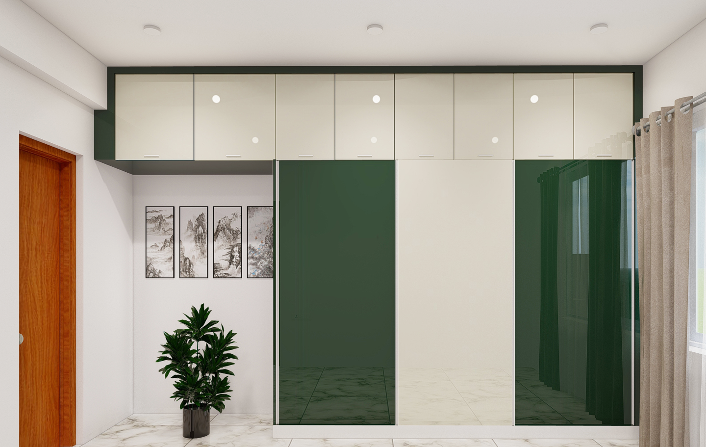 Green and White Sliding Door Modern Wardrobe Design with Loft - Livspace