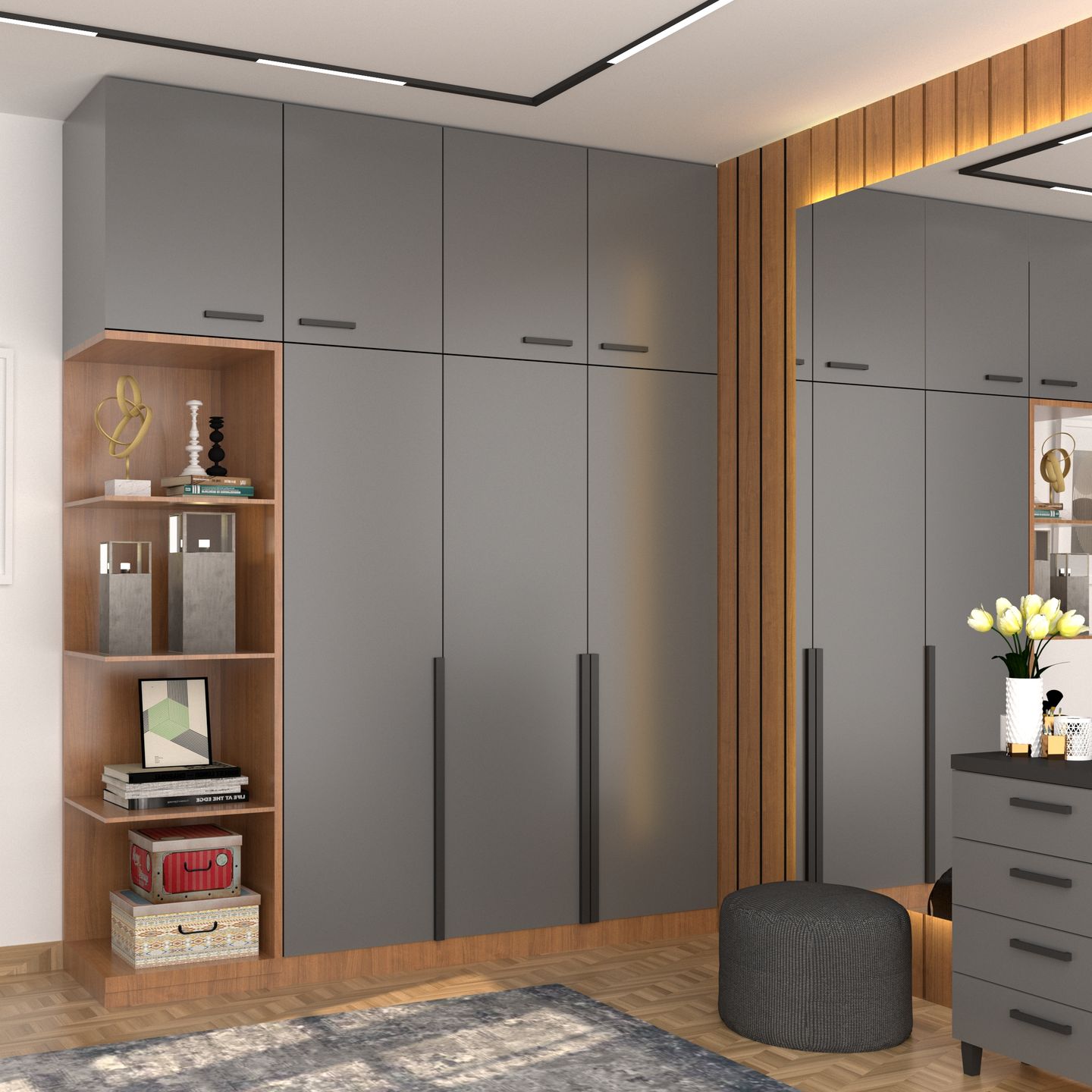 Grey Hinged Modern Wardrobe Design Idea with Loft and Mirror - Livspace