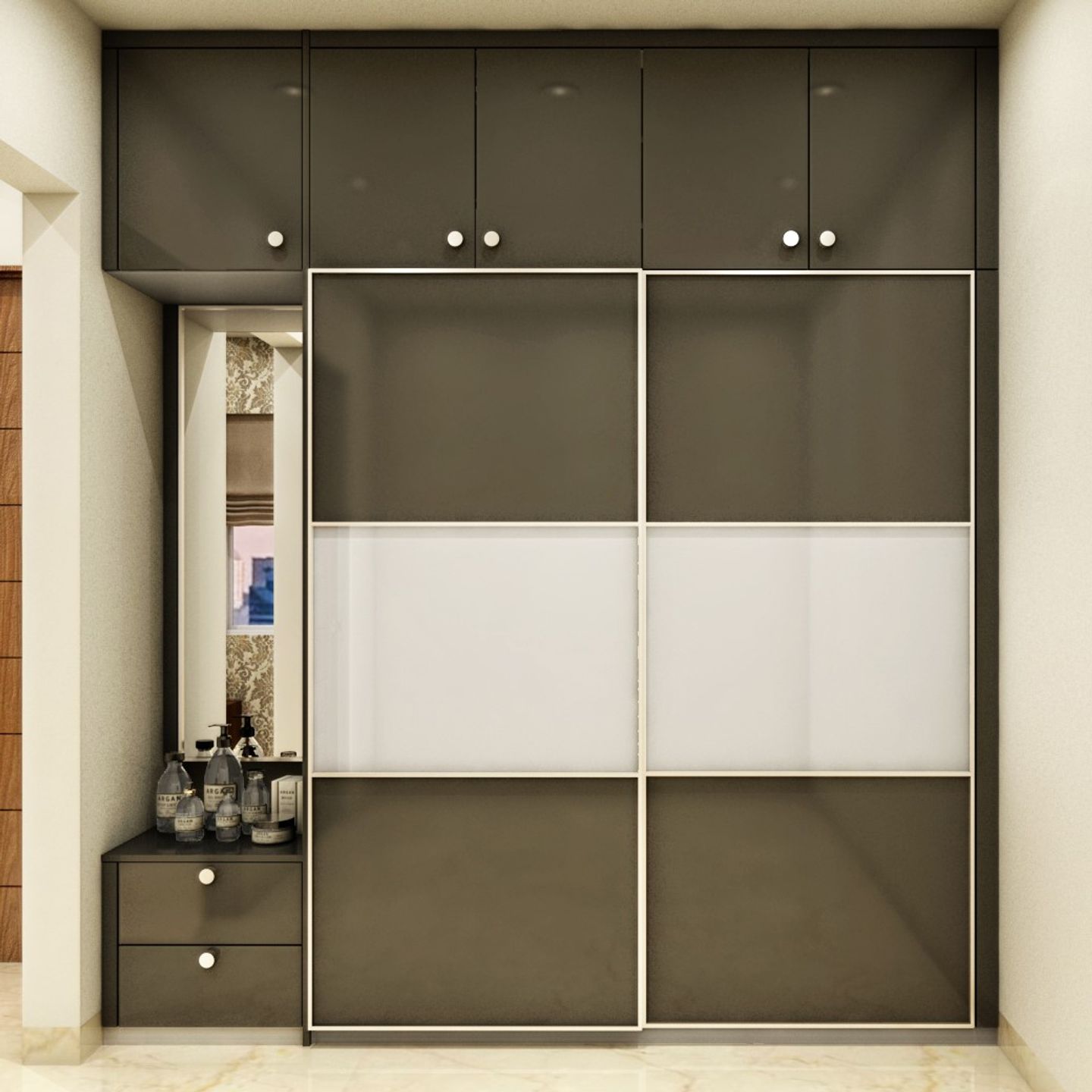 Dual Tone Sliding Door Modern Wardrobe Design with Dresser - Livspace