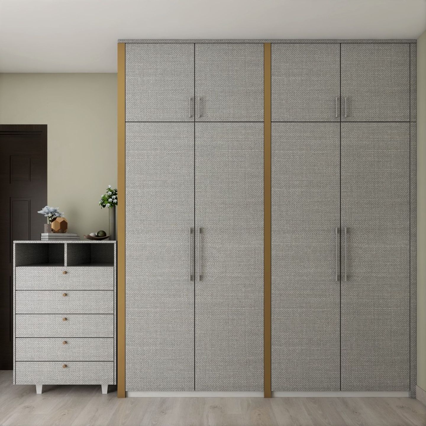 Mixed Laminated Hinged Modern Wardrobe Design with Loft and Mirror - Livspace