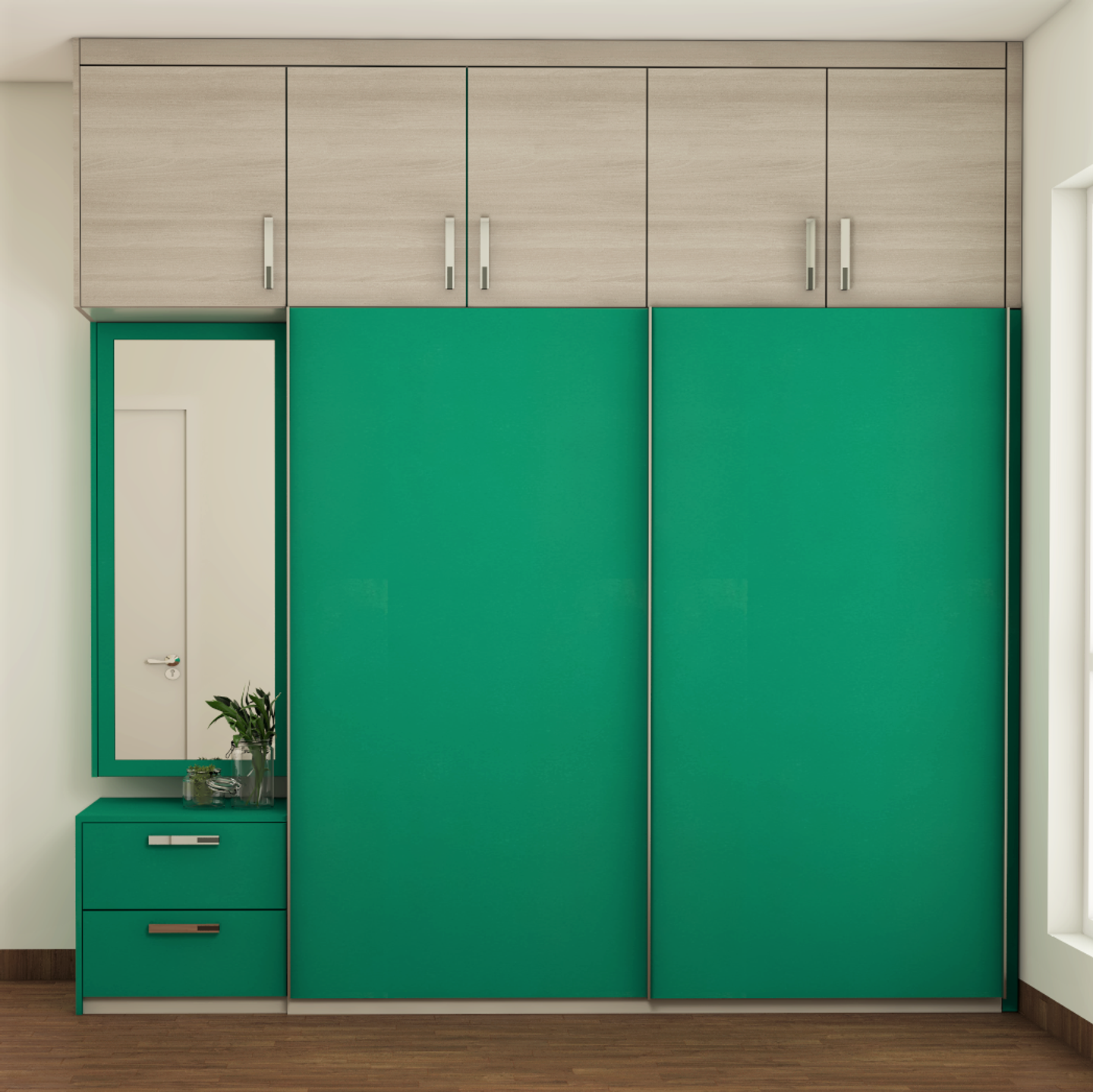 Modern Multifunctional Wardrobe Design With Bright Green Laminates - Livspace