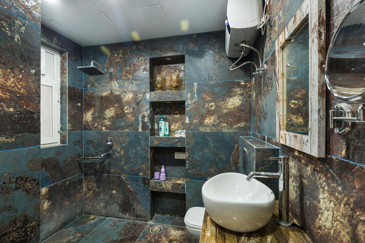 Blue And Gold Rustic Bathroom Design - Livspace