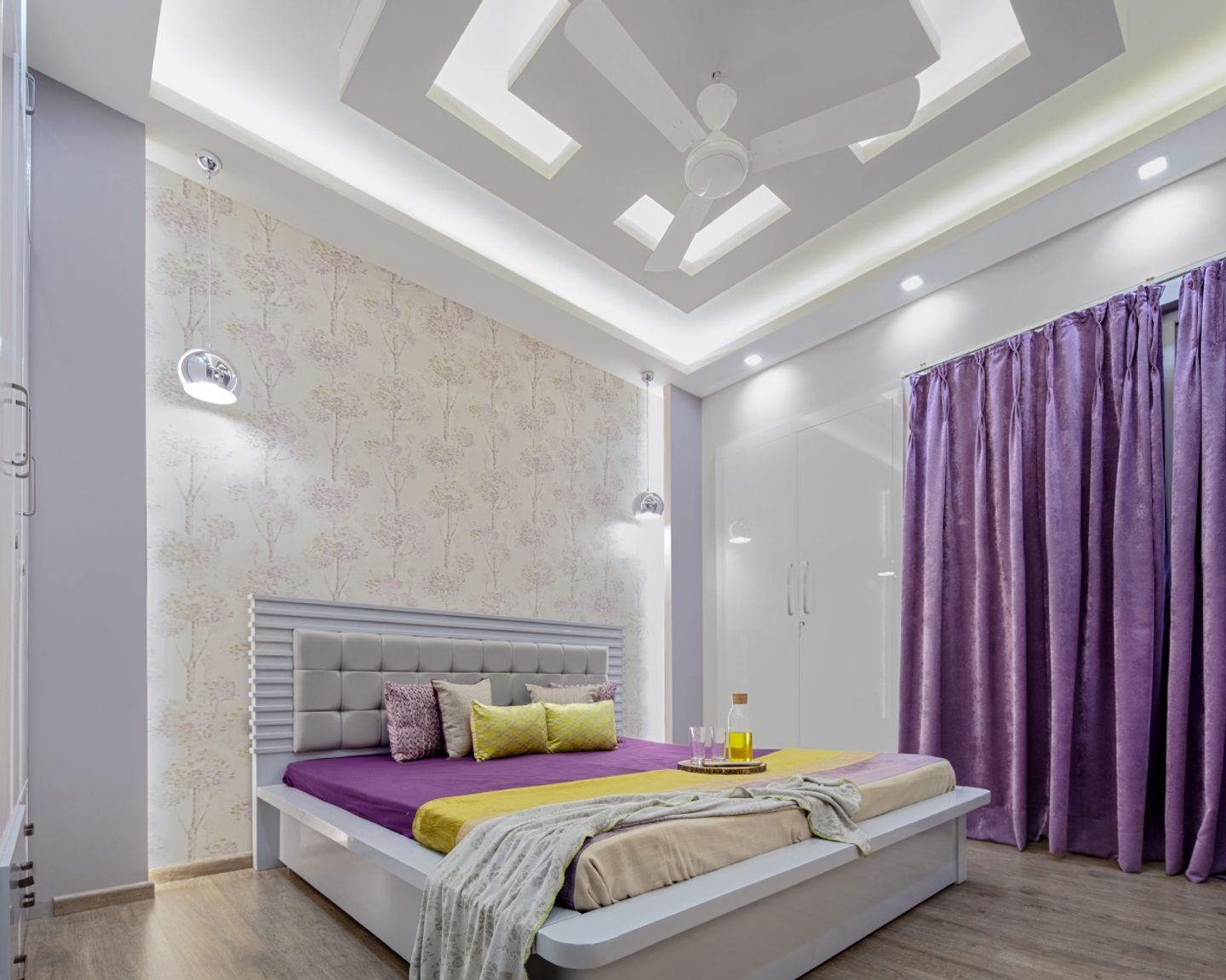 White POP Ceiling With Recessed And Drop Lights - Livspace