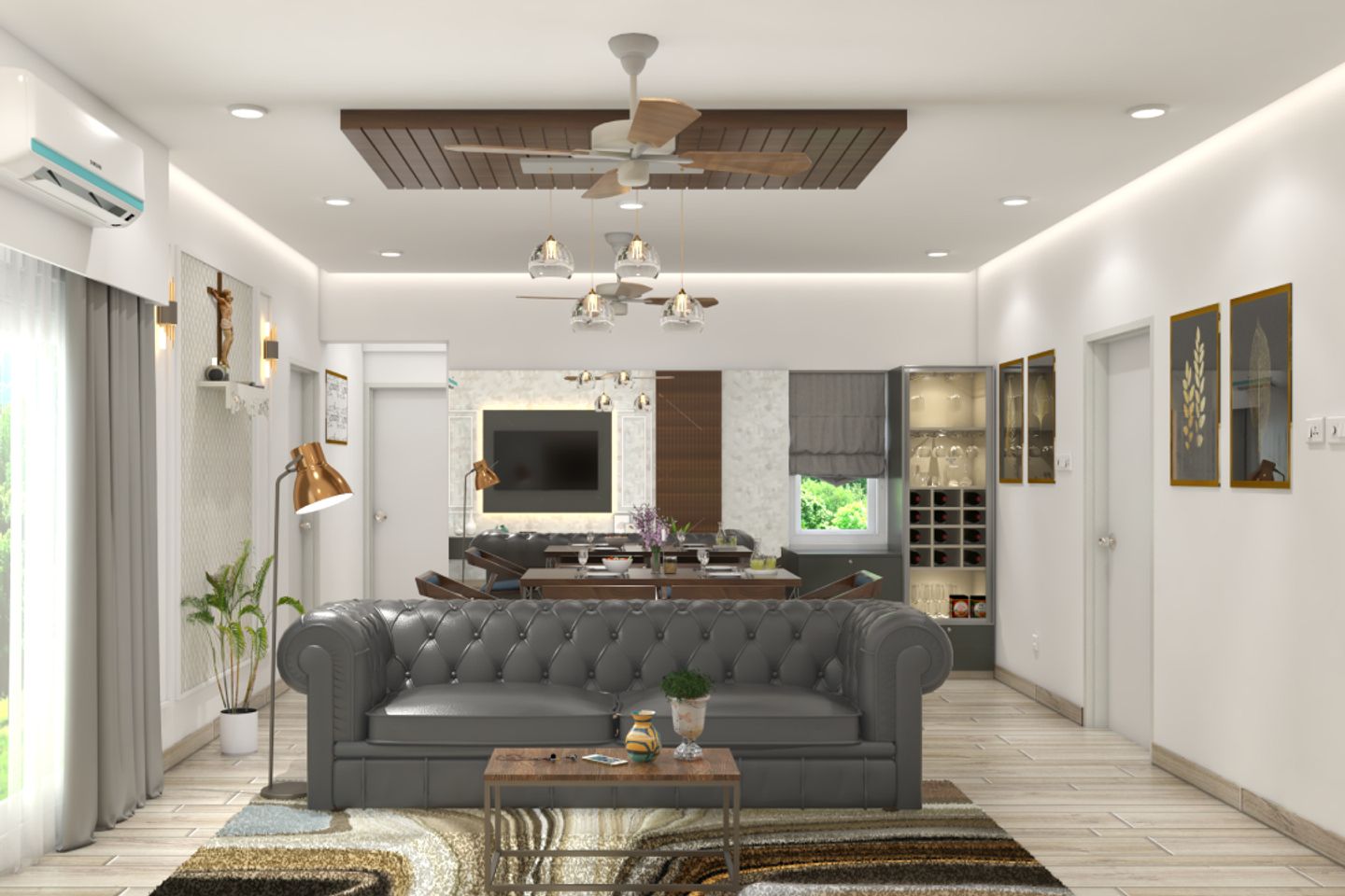 Gypsum And Wooden False Ceiling With A Chandelier | Livspace