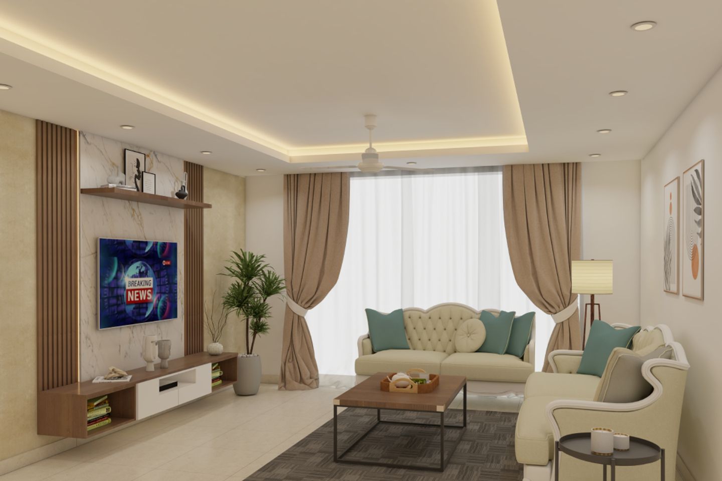 Rectangular Living Room False Ceiling with Cove Lights - Livspace