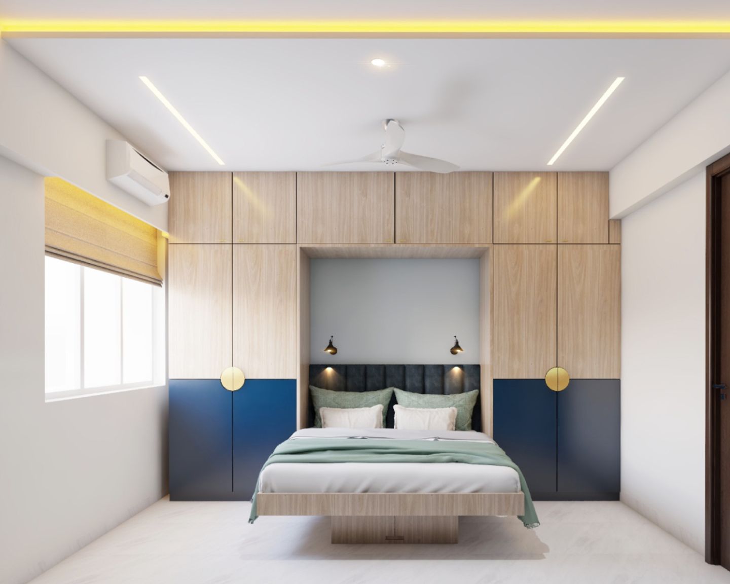 Single-Layered White Bedroom False Ceiling With Three Types Of Lighting Fixtures - Livspace