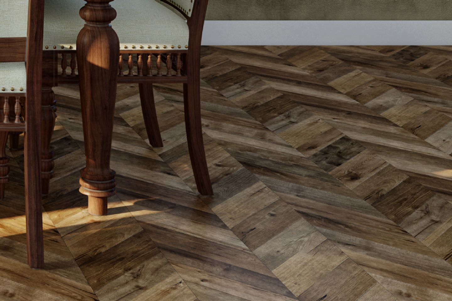 Dark Brown Flooring Design With Herringbone Patterned Tiles - Livspace