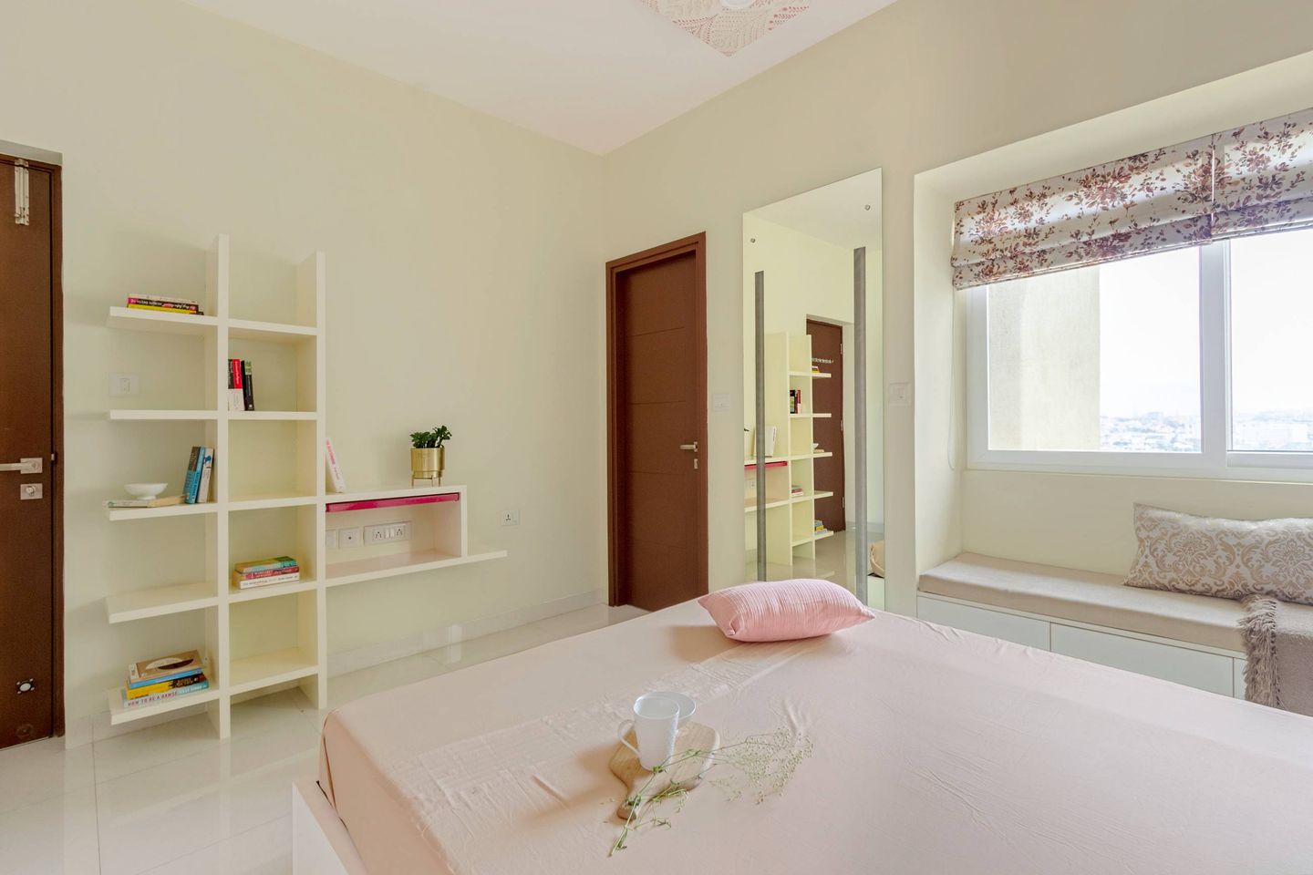 Modern Kids Room Design With Patterned Wallpaper And Glossy White Flooring