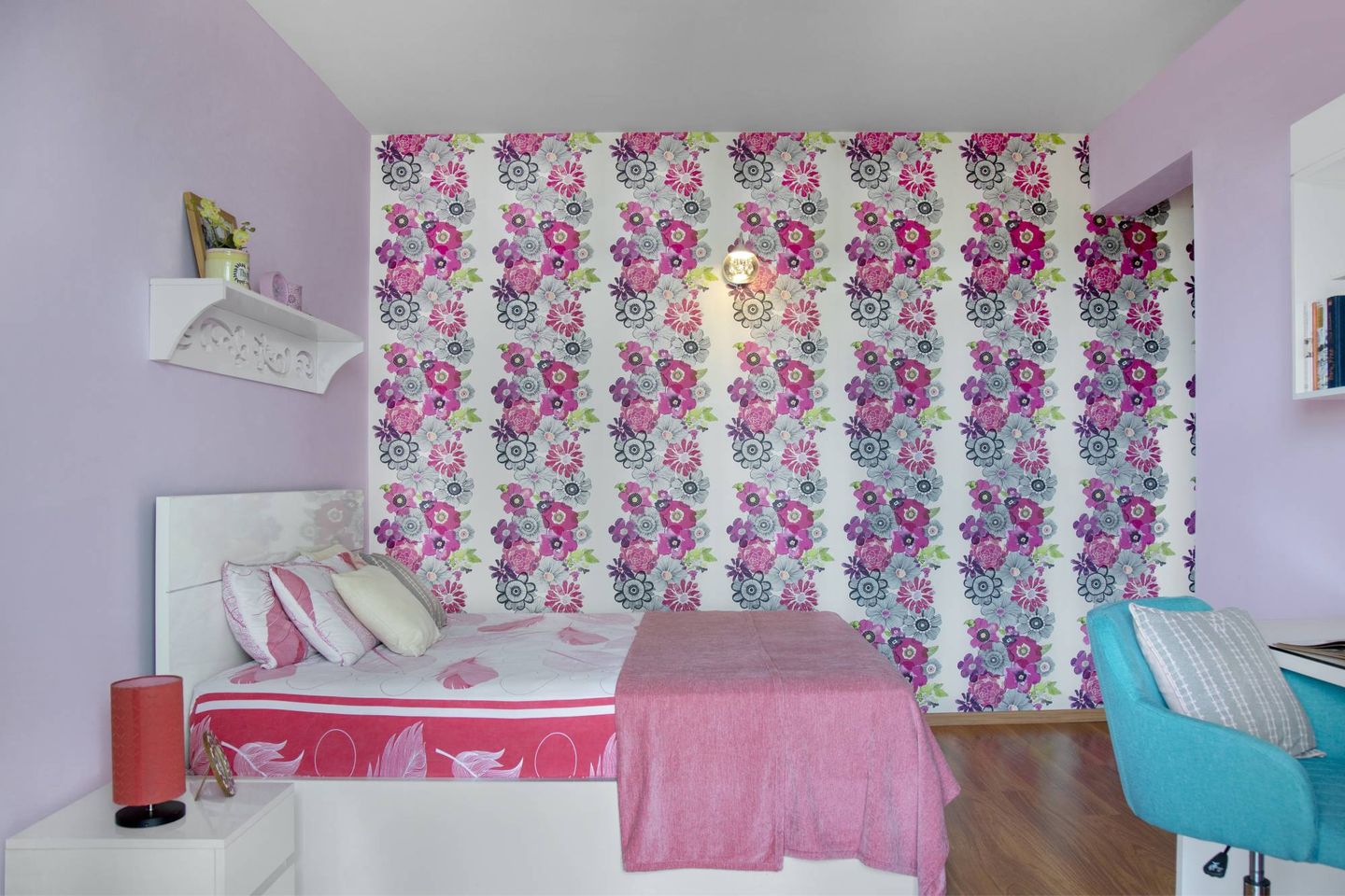 Kids' Room With White And Pink Bed And A Study Unit - Livspace