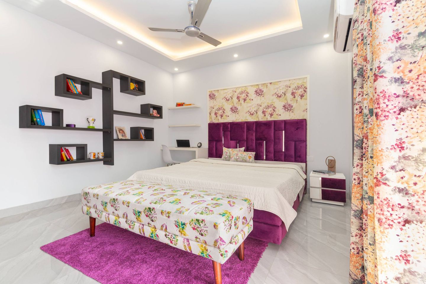 Modern Kids Bedroom Design With Floral Wallpaper And Glossy White Flooring