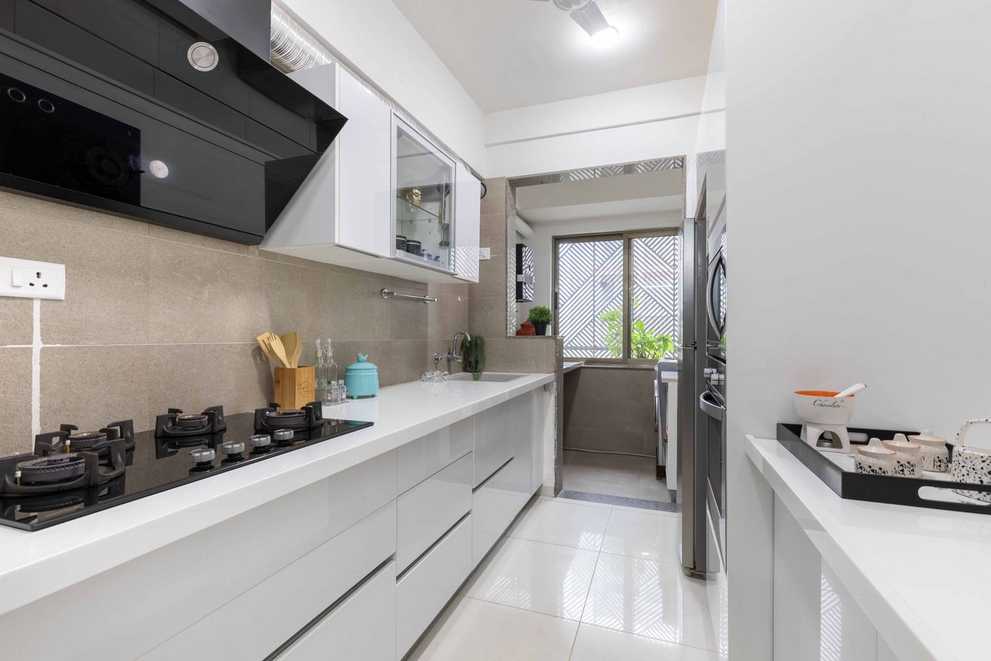 Modern Parallel Kitchen Design With Glossy White Flooring