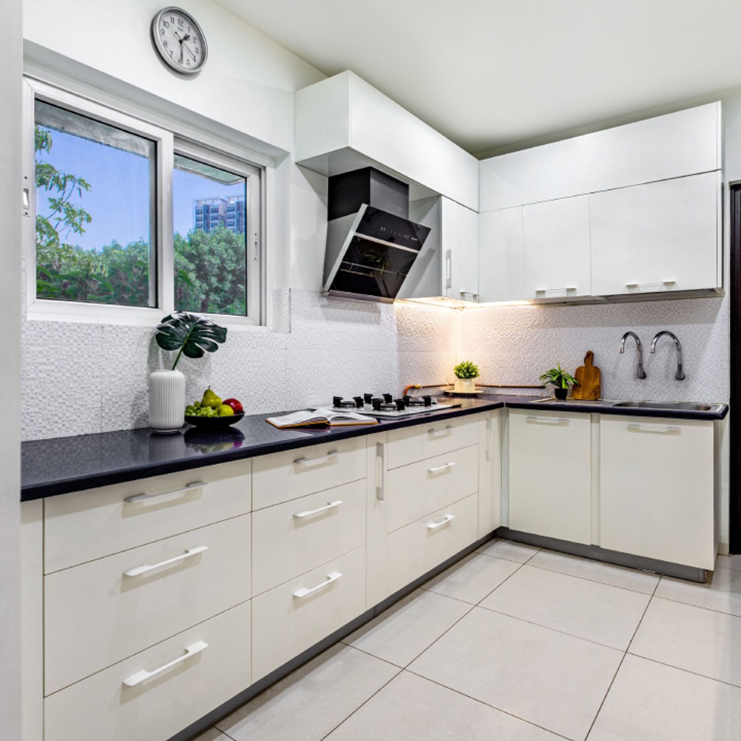 White L-Shaped Kitchen Design - Livspace