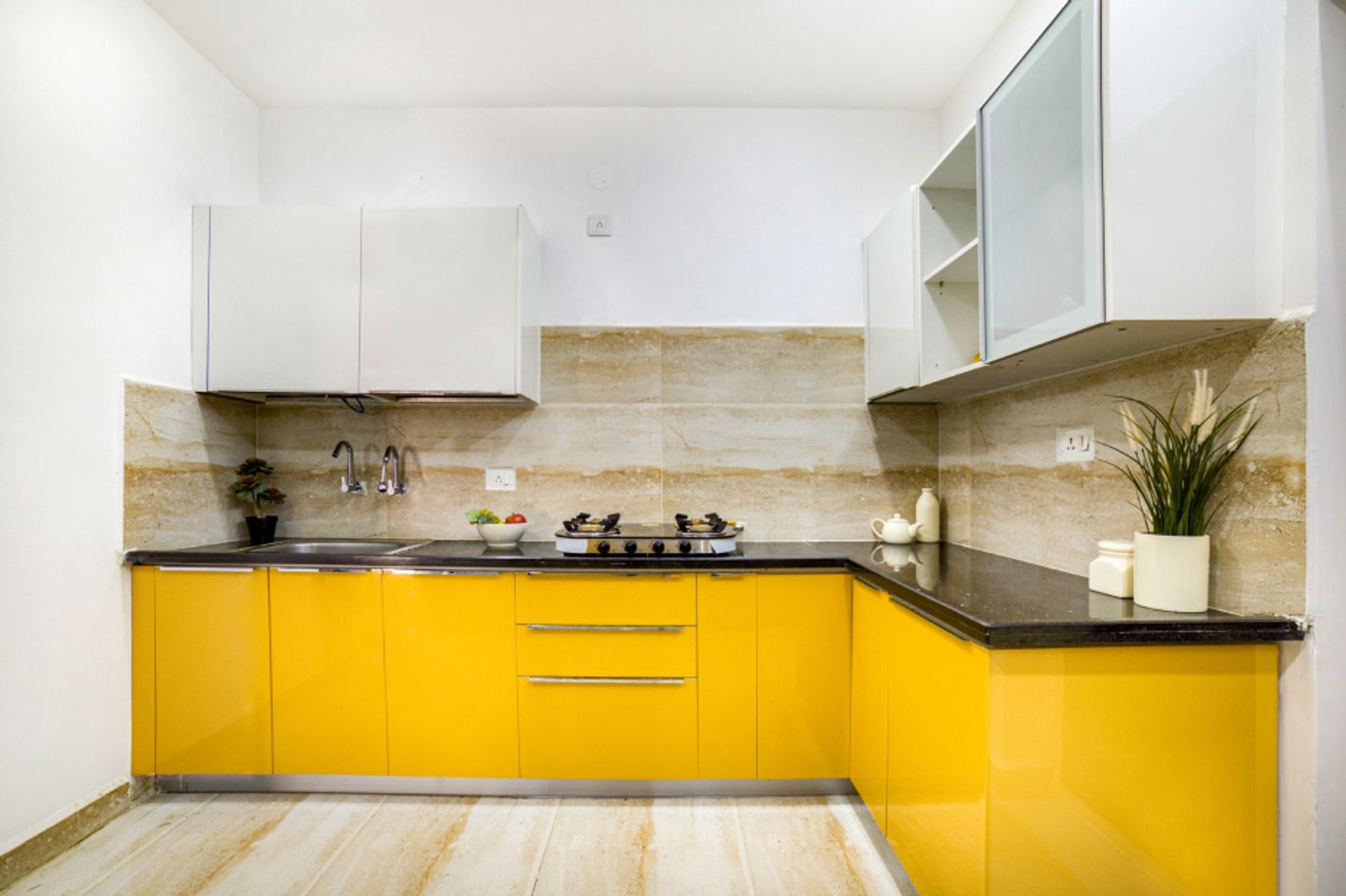 Yellow And White Kitchen Design - Livspace