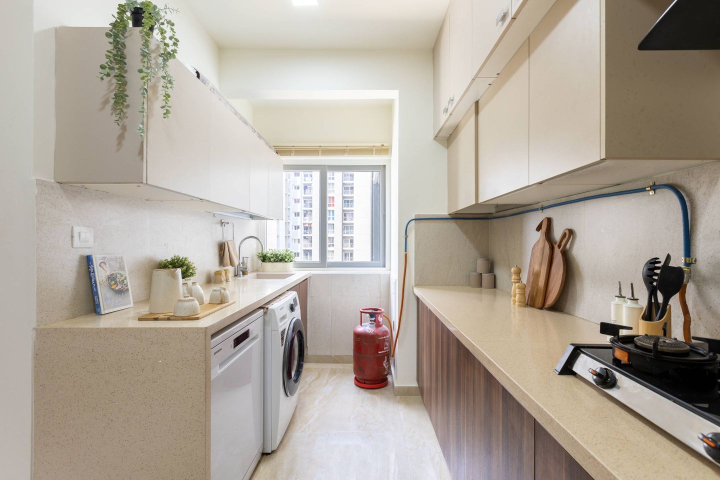 Modern Parallel Kitchen Design With Wooden Storage Cabinets