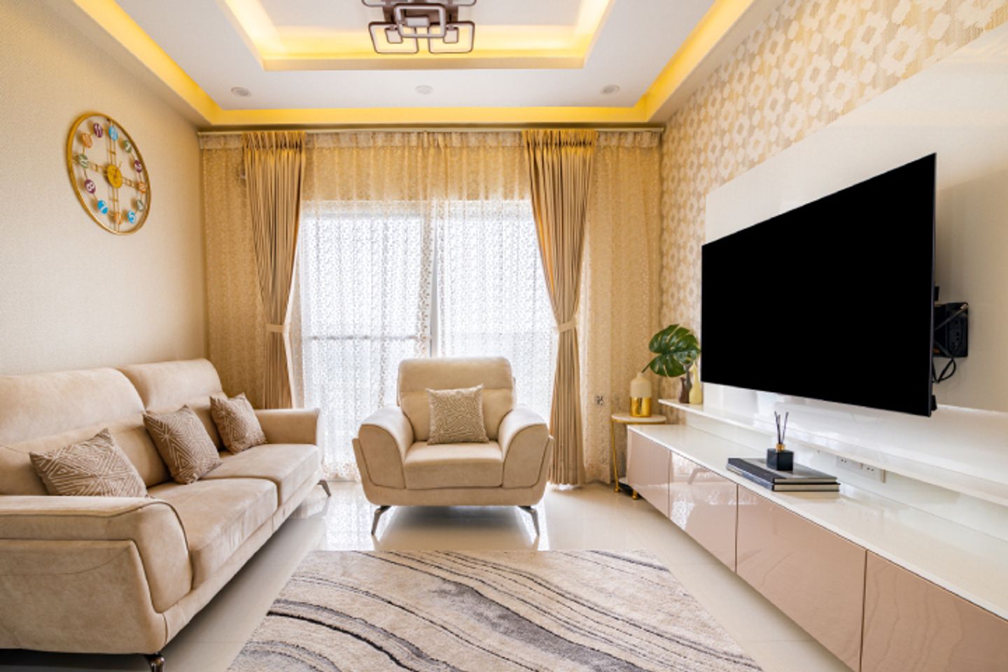Contemporary Living Room Design With A Wall-Mounted TV Unit