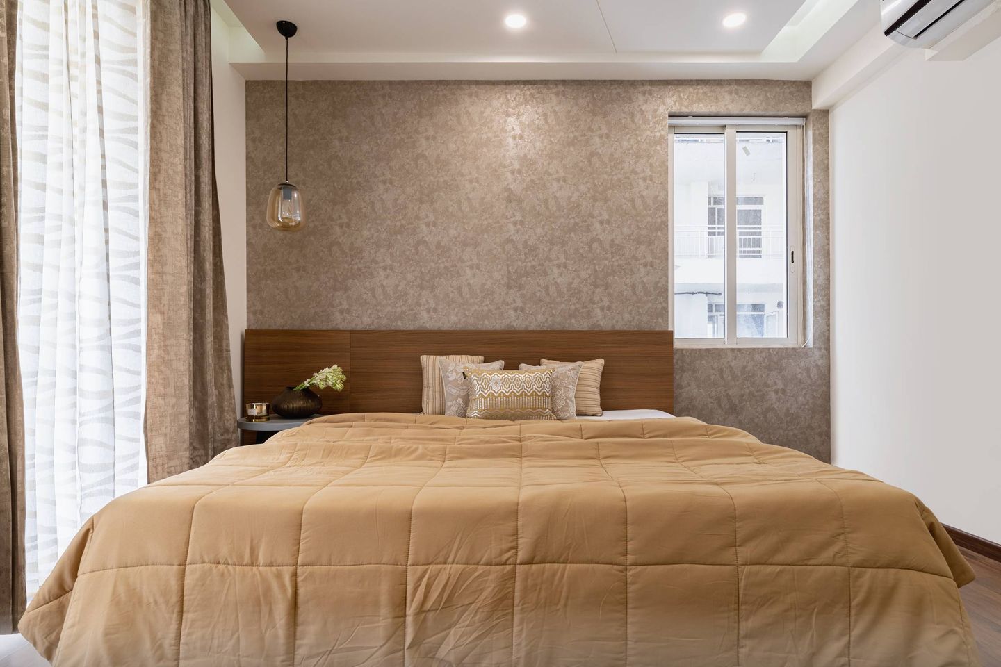 Master Bedroom Design With Beige Textured Wallpaper | Livspace