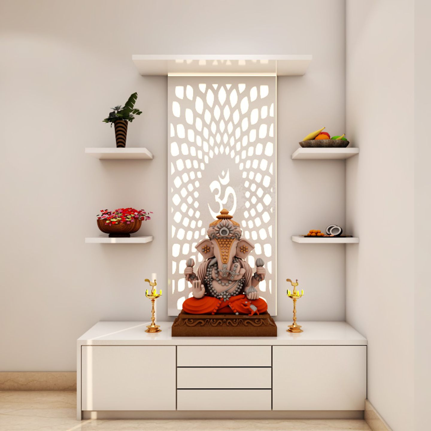 Compact Pooja Mandir Unit With CNC Cuttings | Livspace