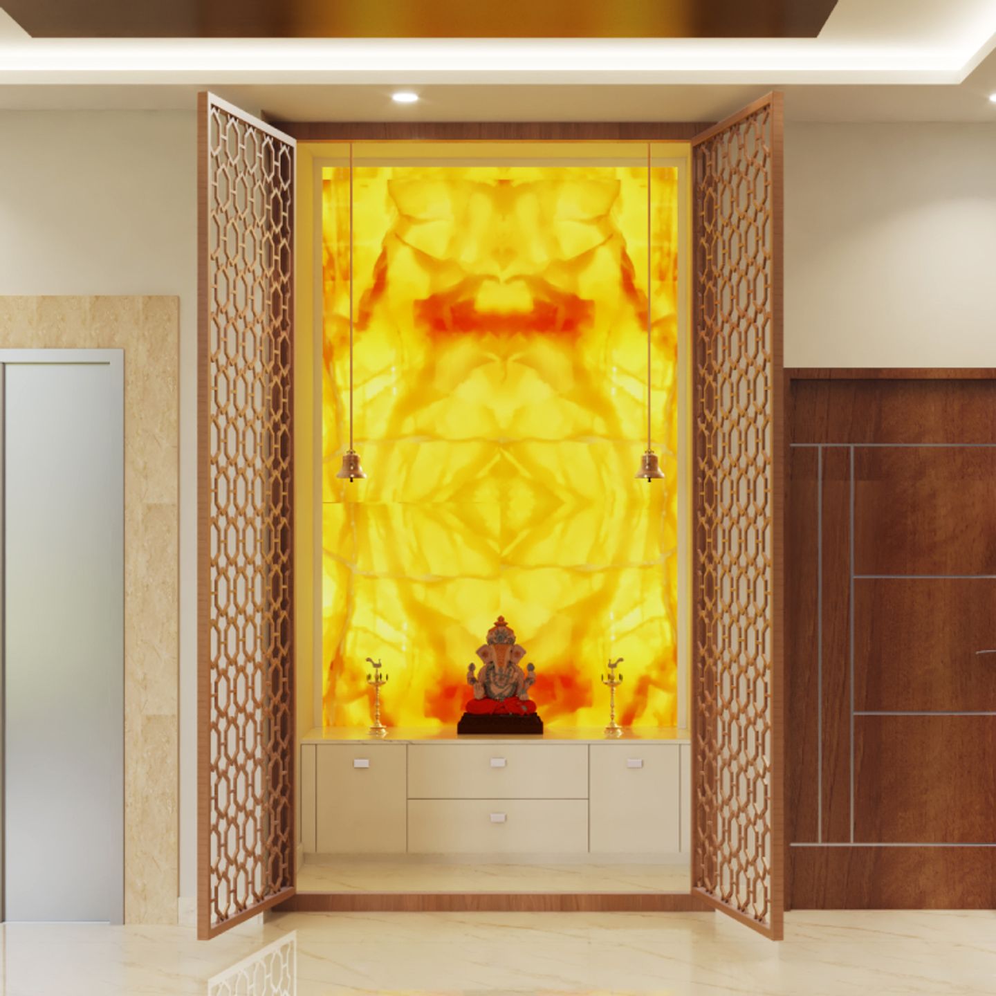 Modern Floor-Mounted Pooja Room Design - Livspace