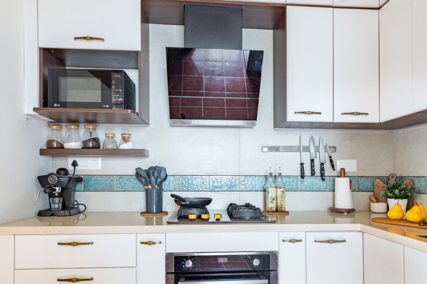 White And Aqua Green Kitchen Tiles - Livspace