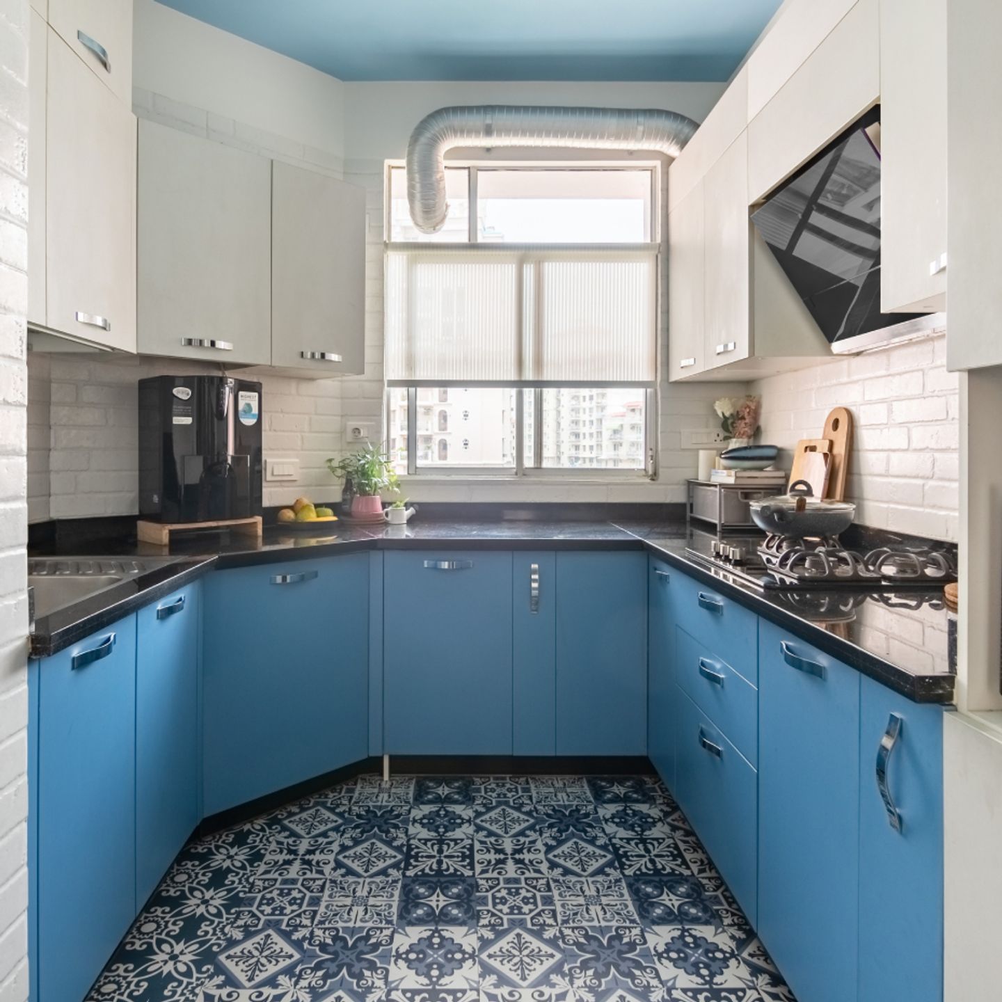 Glossy Floor Tiles Design In Shades Of Blue