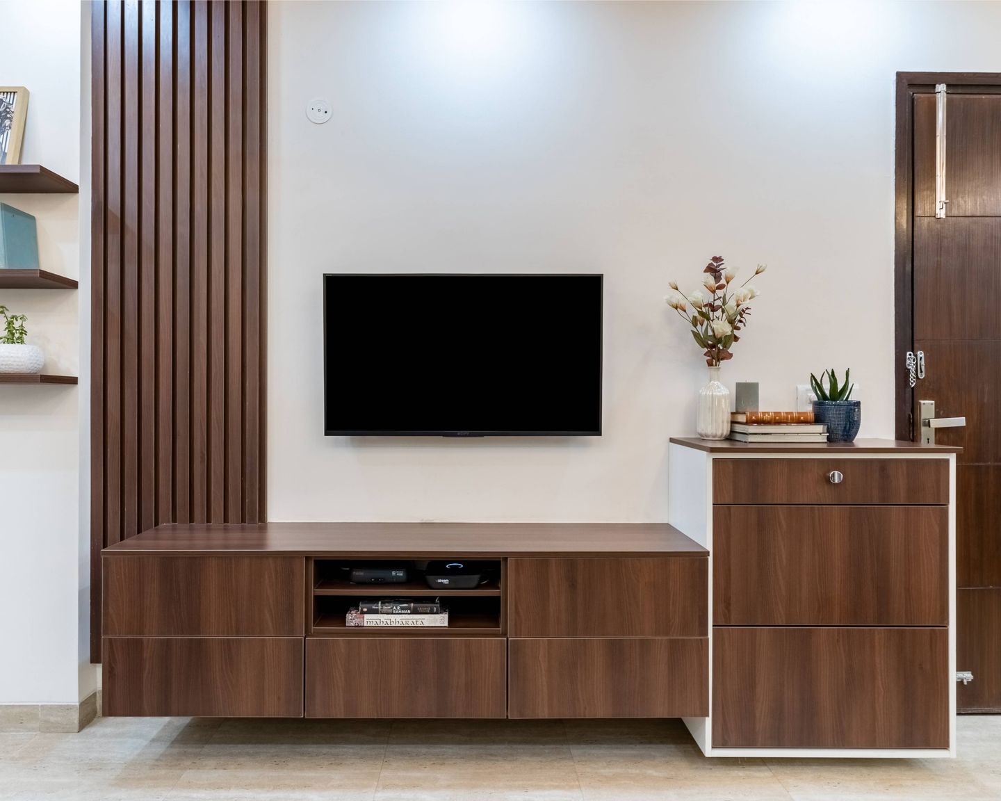 TV With Wooden Planks For The Back Wall Livspace