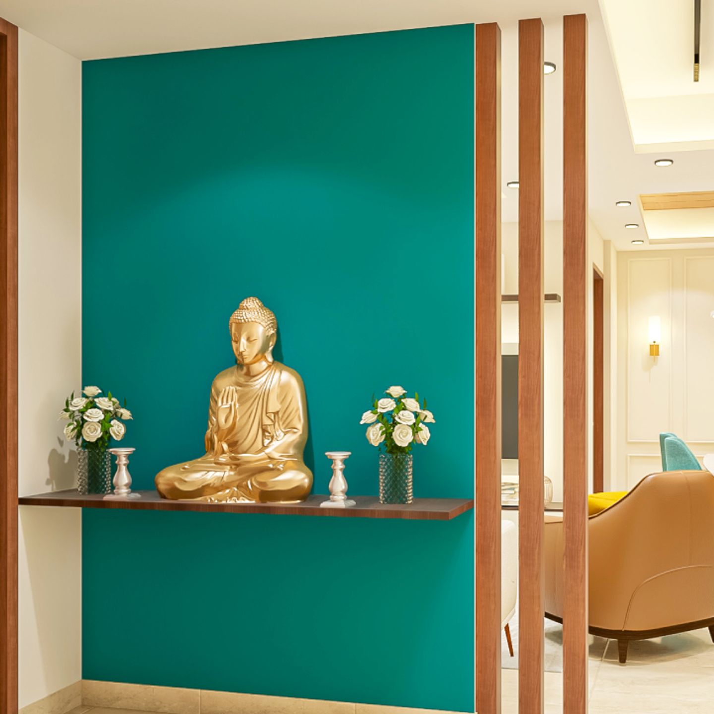 Cyan Blue Wall Paint Design With Vertical Panelling | Livspace