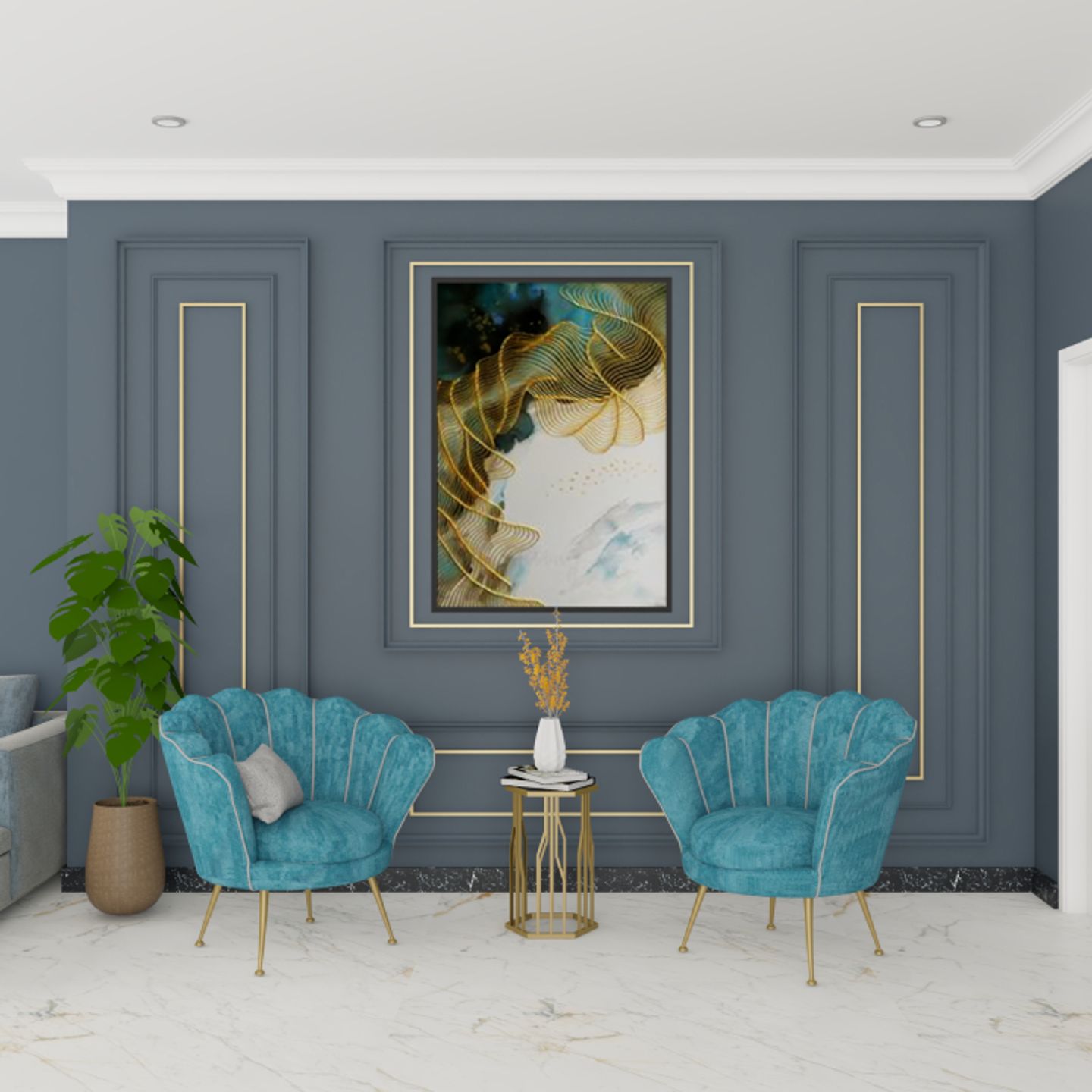 Bluish Grey Wall Paint Design With Golden Trims Livspace