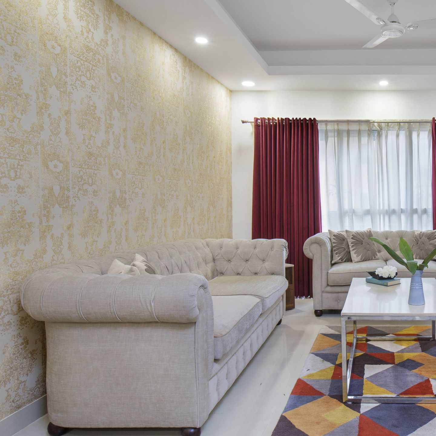 Grey And Gold Damask Wallpaper Design For Living Rooms - Livspace