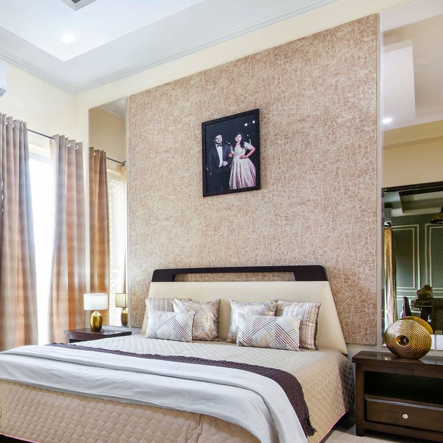 Beige Bedroom Wallpaper Design With A Damask Pattern - Livspace
