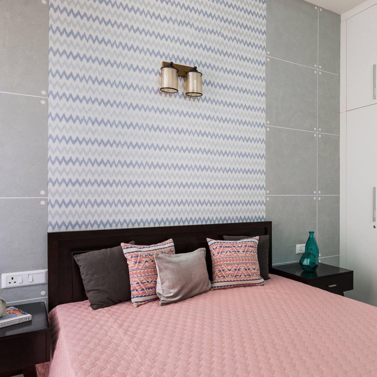 Blue And Grey Chevron-Patterned Wallpaper Design For Bedrooms - Livspace