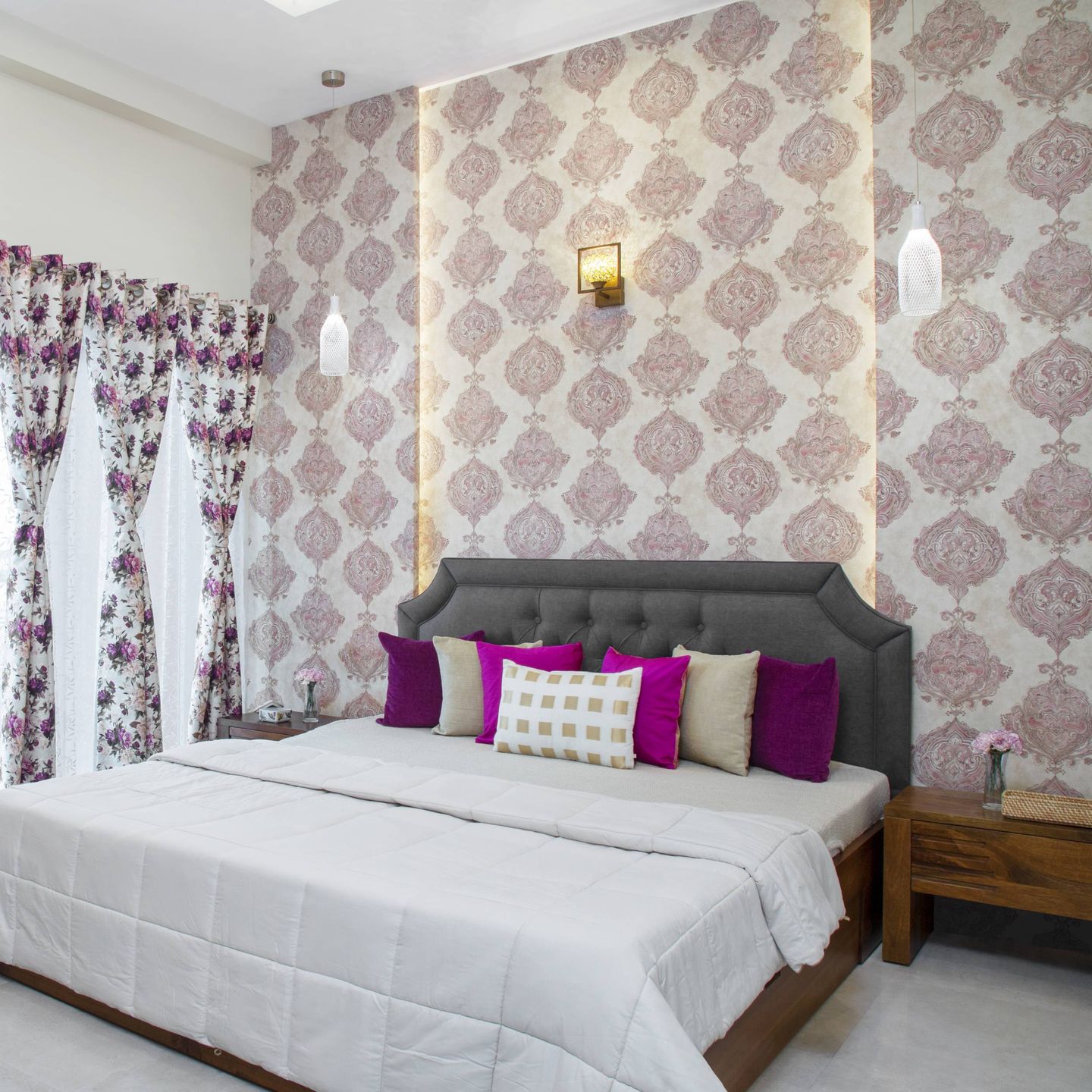 Beige And Pink Damask Wallpaper Design For Bedrooms - Livspace